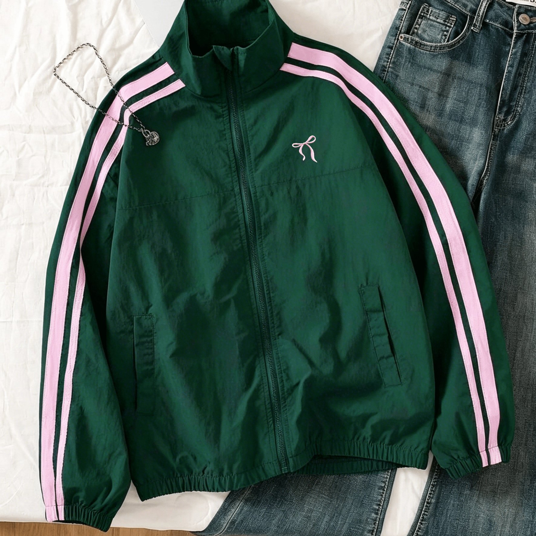 TEMU Women's Vintage College Jacket - Oversized Stand Collar Zipper Jacket With Chest Bow Embroidery, Two-stripe Suitable For Casual Wear,