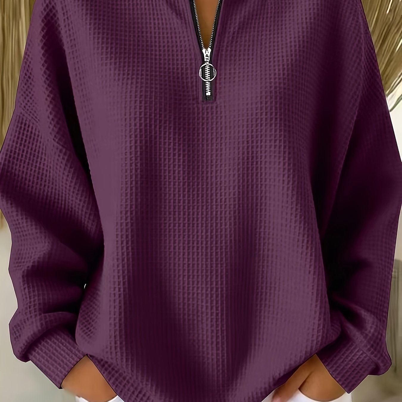 TEMU Grote maten, dames plus size casual sweatshirt-pullover met rits, wafelstructuur, lange mouwen en losse schouderpasvorm