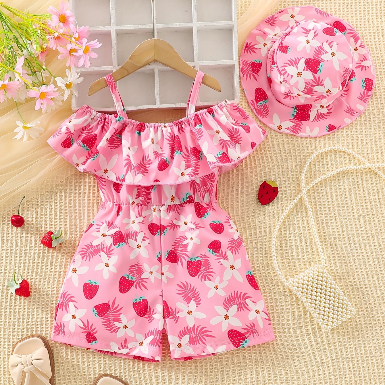 E-shop Dieses Outfit enthält einen rosa Strampler eine passende Mütze, mit Erdbeer- Blumendruck. Der Strampler hat ein Trägerlos-Design mit