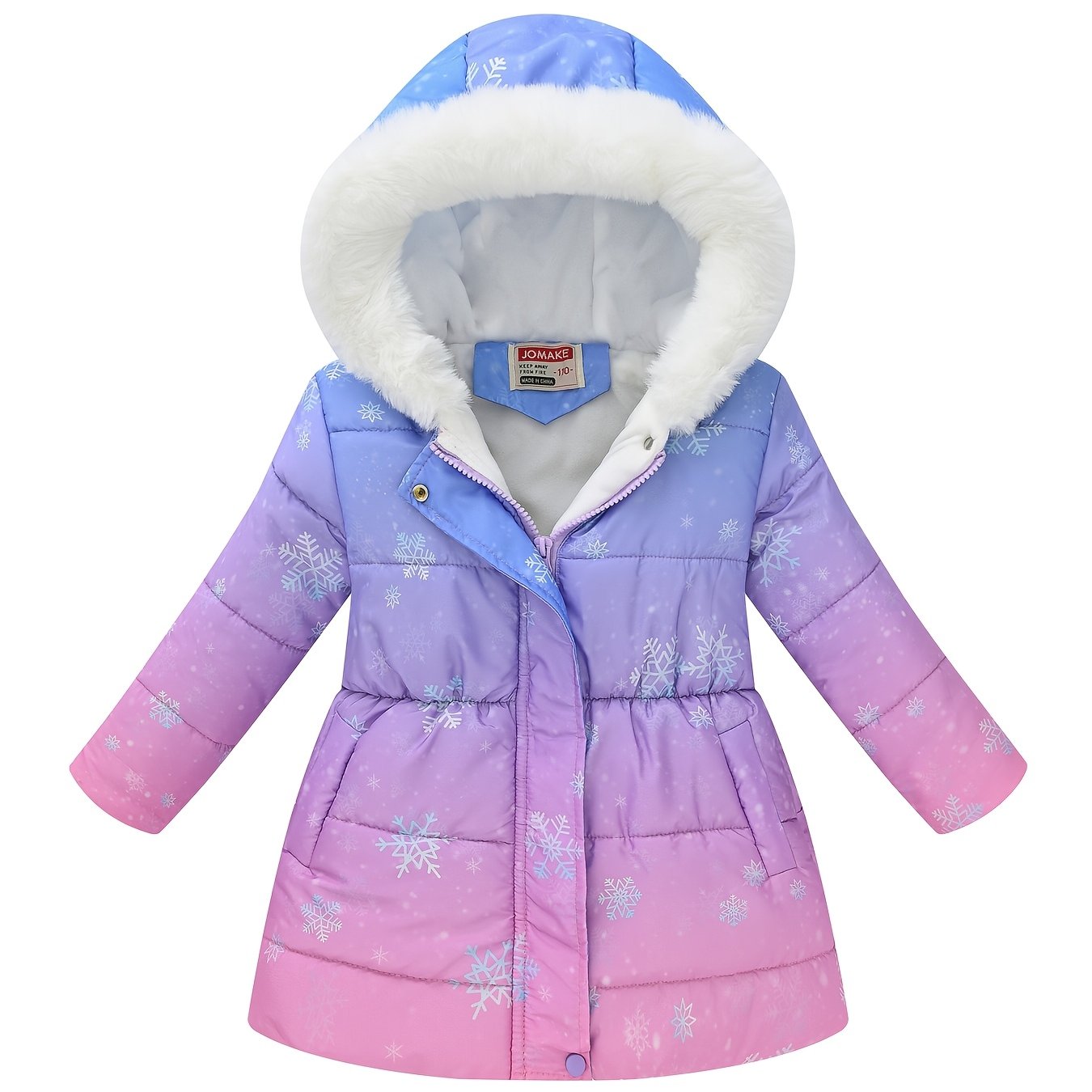 Image of Jomake Girls' Hoodie Jacket - Cozy Lined, Long Sleeve With White Trim & Snowflake Print, Turquoise To Black Gradient Design, Warm & Stylish For Autumn/winter Outdoor Activities, Girls Winter Clothes