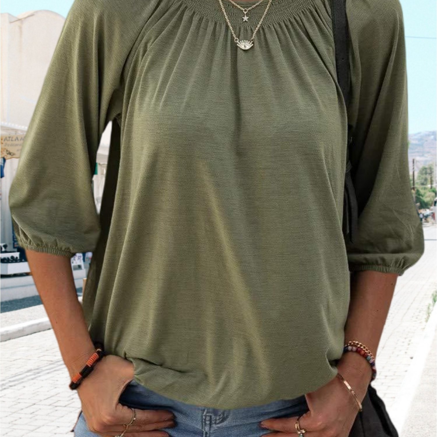 Women's Crew Neck Casual T-shirt Blouse Loose Fit Pleated Top 3/ 4 Sleeve Basic Tops