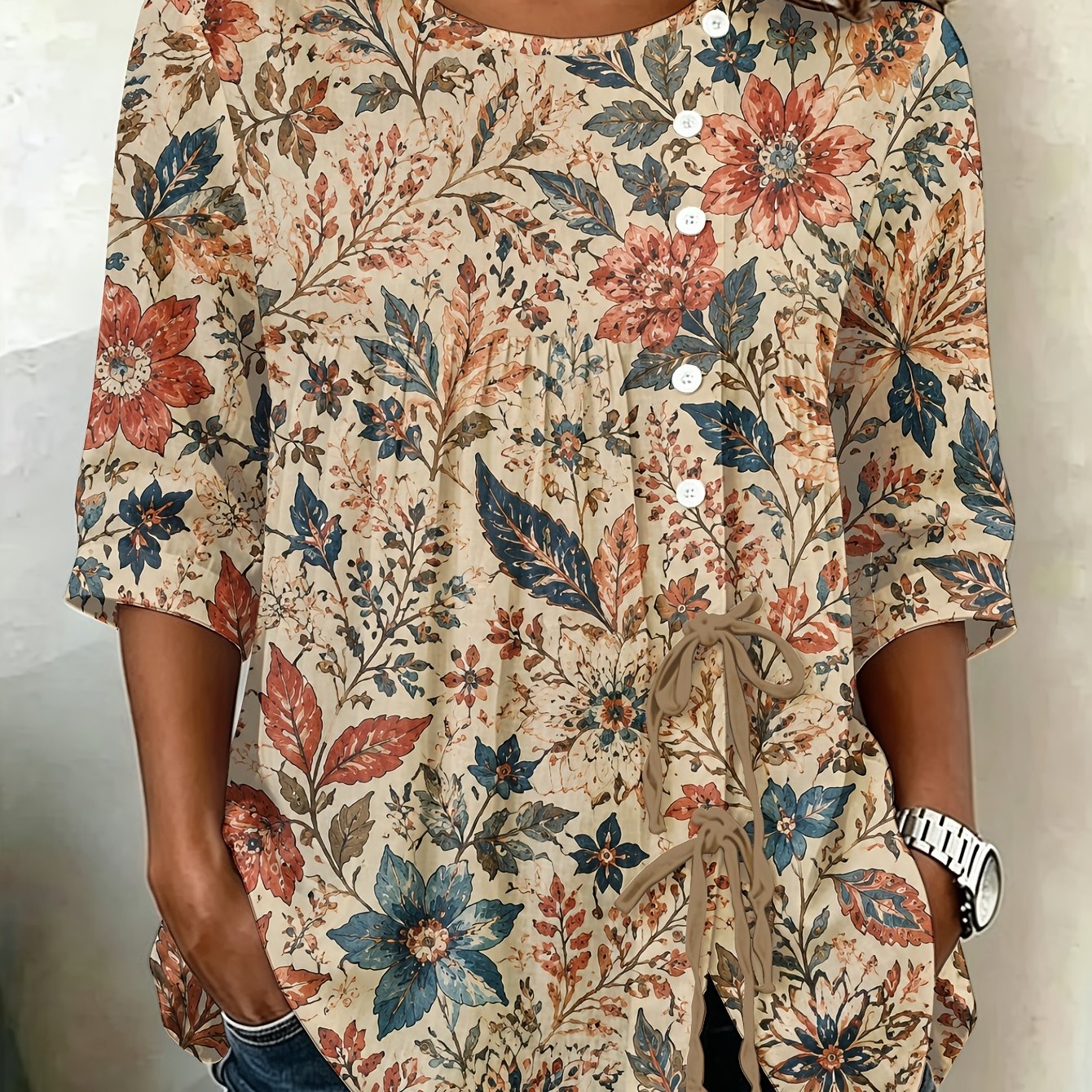 TEMU Plus Size - Vintage Botanical Floral Print Women's Plus Size Button-up Tie Front Blouse, Oversized Longline Essential For, Spring Summer Trend,