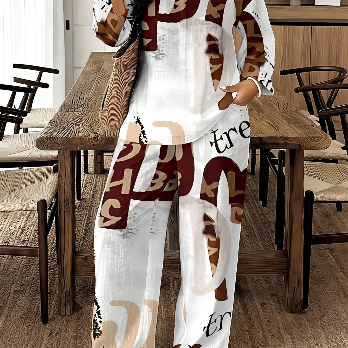 TEMU Women's Striped Two-piece Set, European Style Diagonal Stripe Short Sleeve Top And Wide Leg Pants Suit, Casual Commuter Outfit