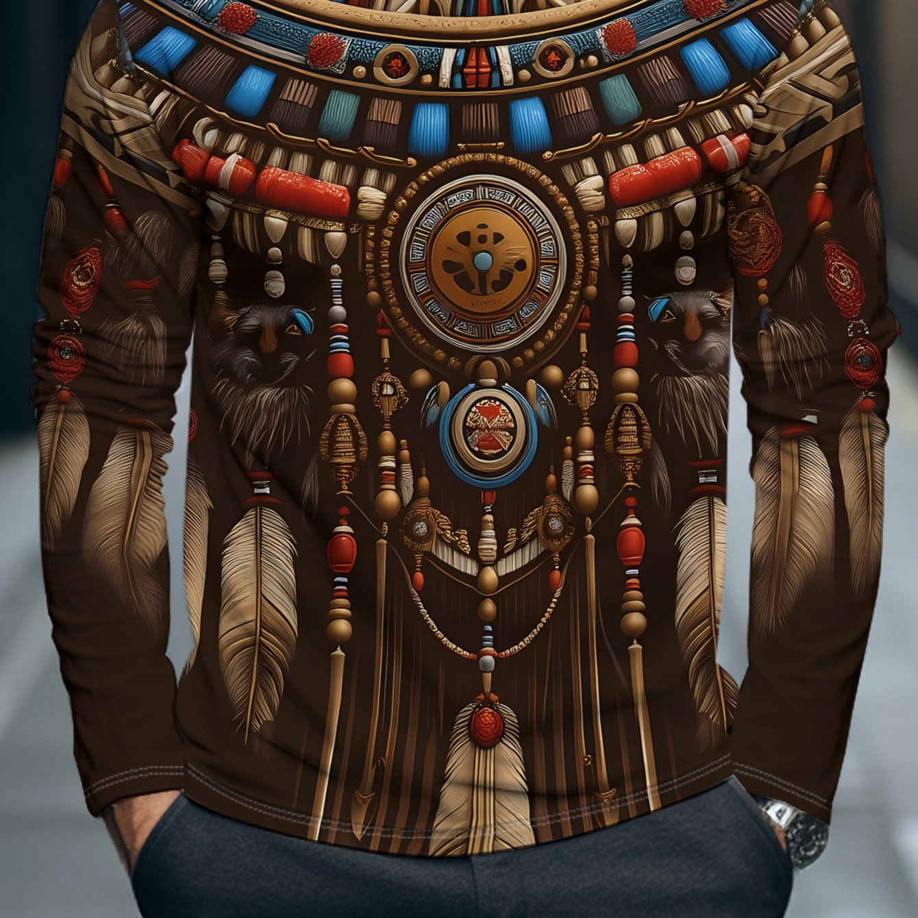 TEMU This Men's Casual Long-sleeve T-shirt Features Intricate Tribal Decorations, With Feathers, Beads, And Animal Head . The , Showcasing The