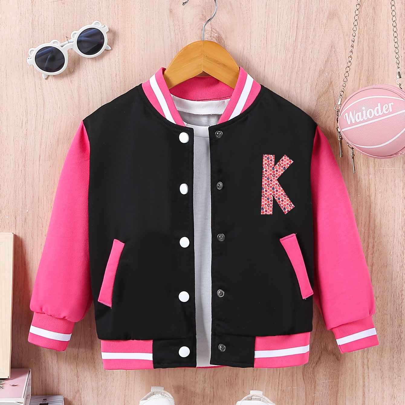 Toddler Girl's Color Block Button Casual Varsity Jacket, Kids Clothing For  Fall/ Spring