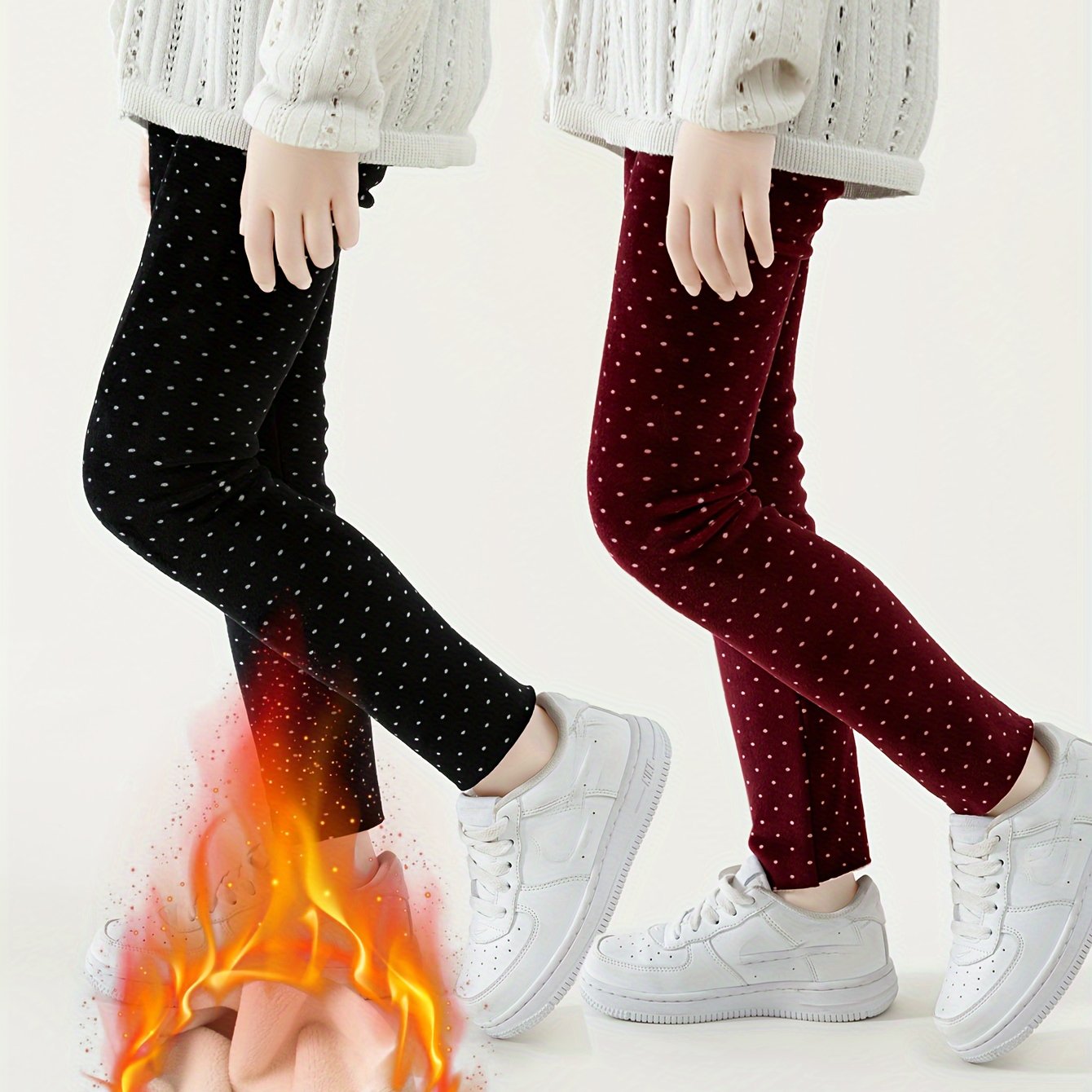 2-pack Girls' -lined Leggings, Warm Fashionable Versatile Full-print Polka Dot Pants