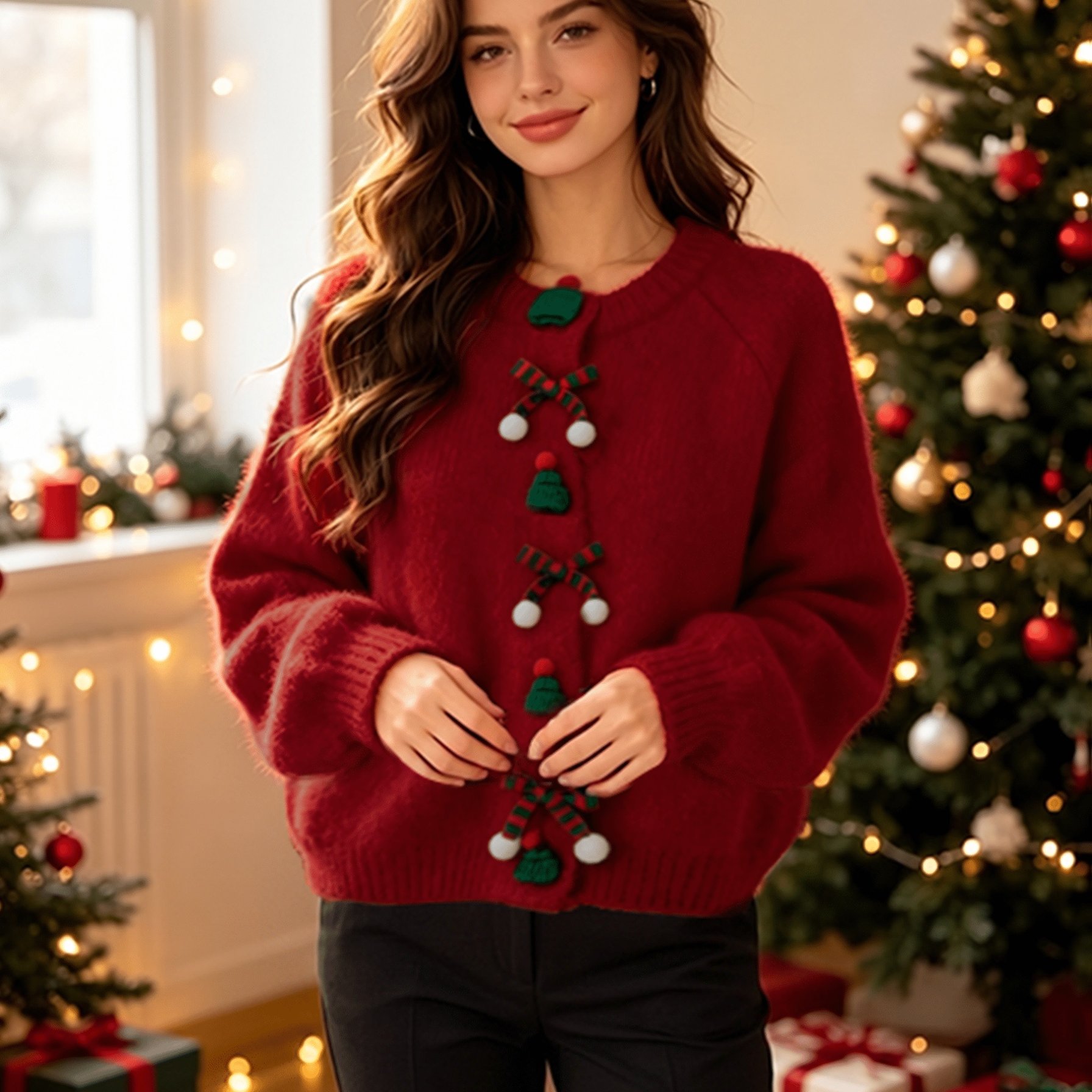 TEMU Nouveau Cardigan Rouge Automne/Hiver pour Noël et le Réveillon du An, Accessoire de Noël Pull à Boutons et Col Rond. Parfait pour les Fêtes de