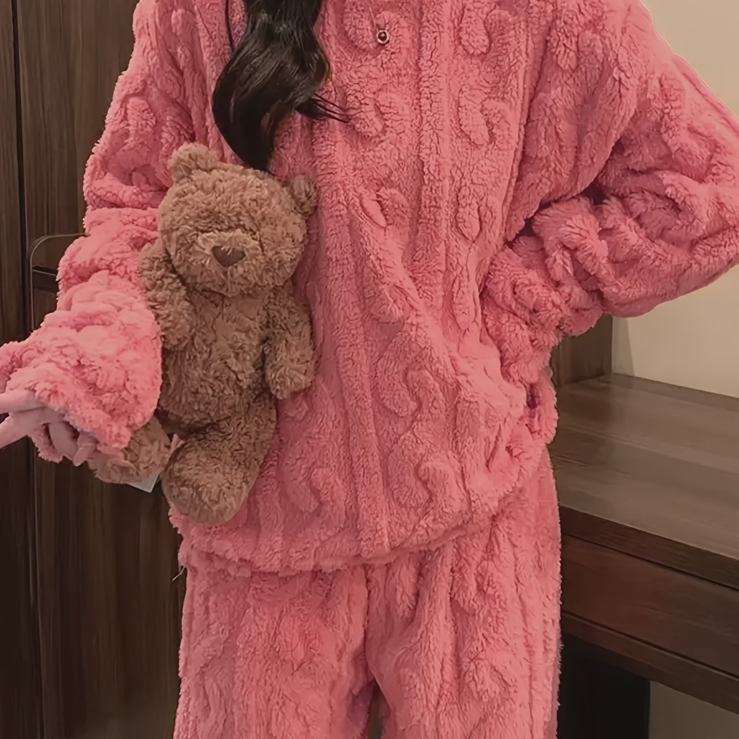 Image of Two-piece Set, Women's Coral Fleece Pajamas For Autumn And Winter, Thickened Long Robe For , Casual Cardigan Outfit Suitable For Home And Outdoor Wear