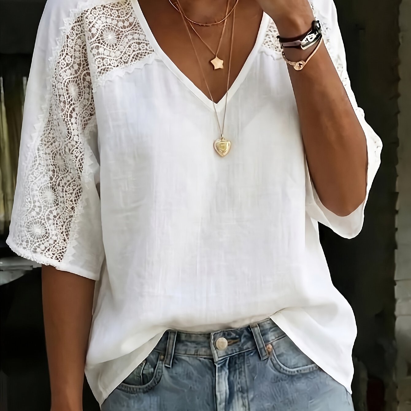 TEMU Women's V-neck Lace Batwing Sleeve Summer Top, Loose Fit Tummy Control Style Casual Blouse, Breathable Skin-friendly Comfortable Lightweight
