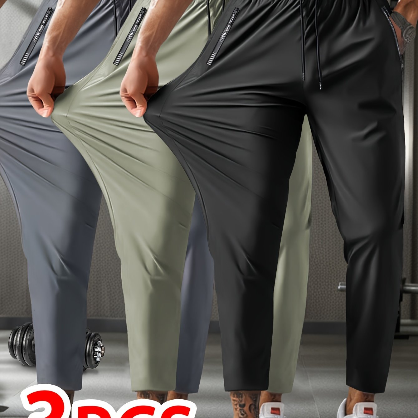TEMU 3-pack Men's Cropped Sports Pants, High Stretch Polyamide 80% Elastane 20%, Solid Color, Regular Fit, Zippered Waistband, Woven Cropped Trousers For Spring/fall