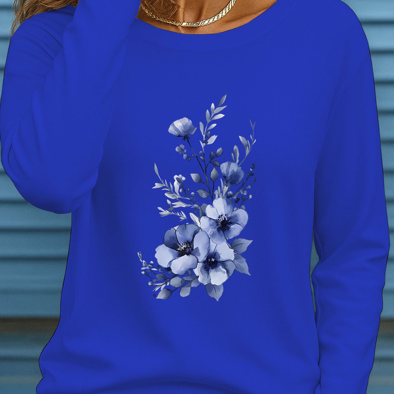 TEMU Athleisure Plus Size Women's Long Sleeve Round Neck T-shirt, Blue Floral Print T-shirt, Blue Small Flower Branch Pattern Long Sleeve Top Ii 1863