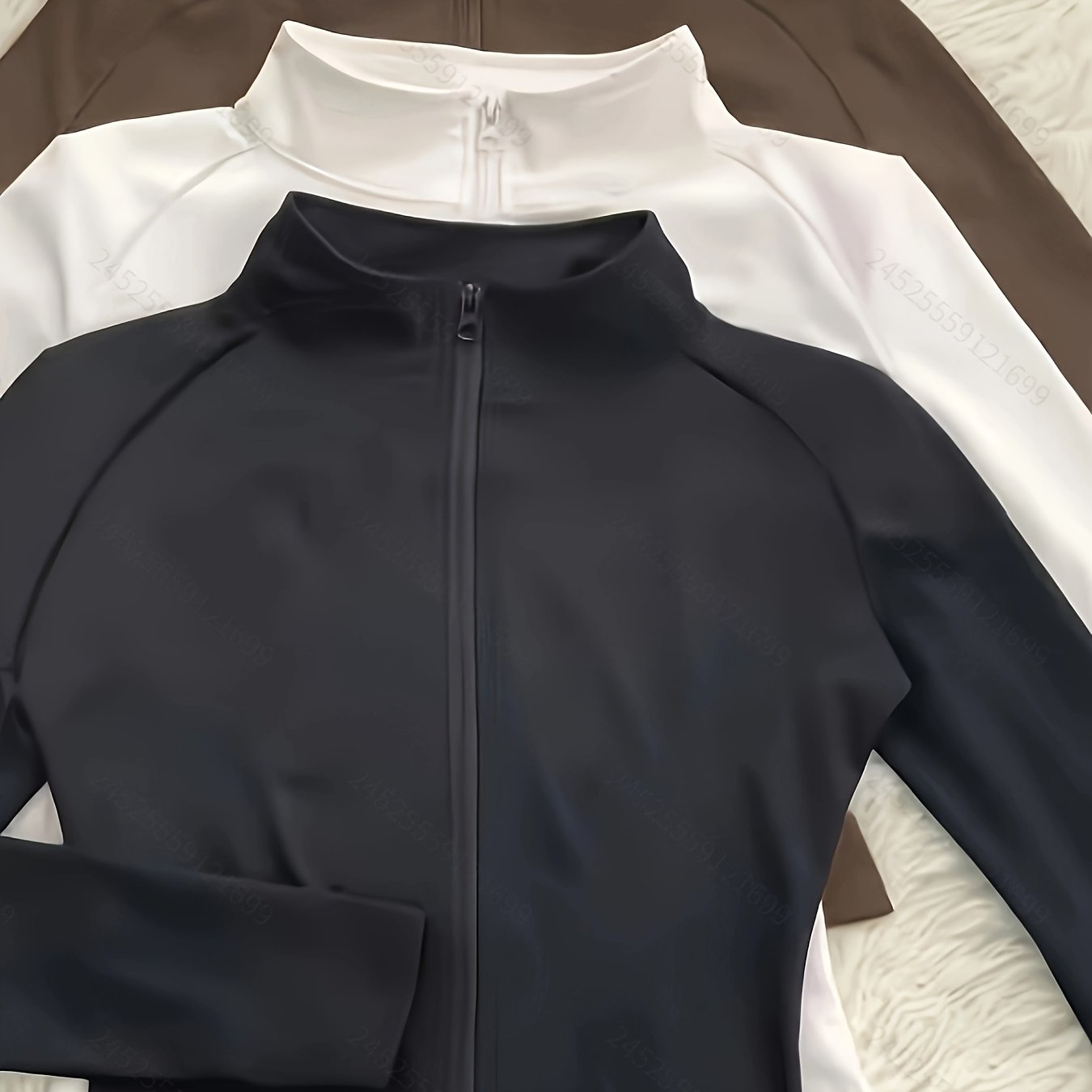 TEMU 3pcs Set Women's Semi-turtleneck Zipper Slim Long Sleeve Top, Brown/white/black Semi-turtleneck Zipper Design And Elastic Slim Fit, Soft