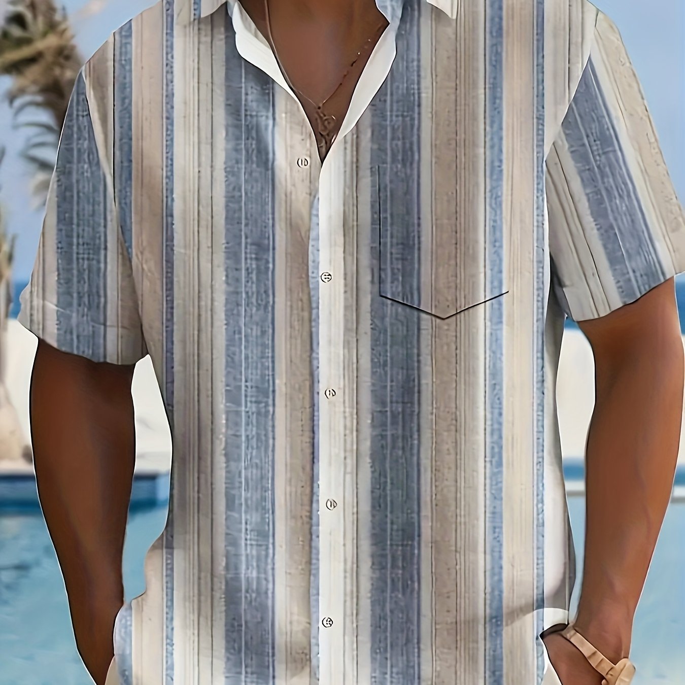 E-shop Herren Casual Streifen Kurzarmhemd - 100% Polyester Leichtes Atmungsaktives Material, Lockerer Schnitt mit Knopfkragen-Design
