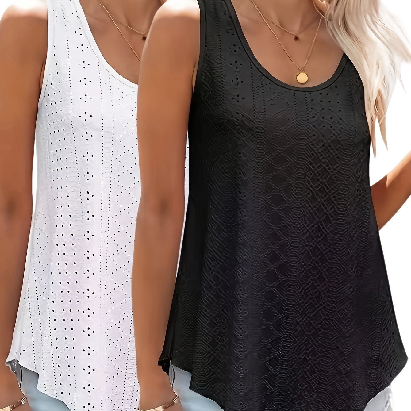 Black And White Two-piece Size Women's Vest Set, Spring/summer Solid Color Sleeveless Casual Tank Top Outfit