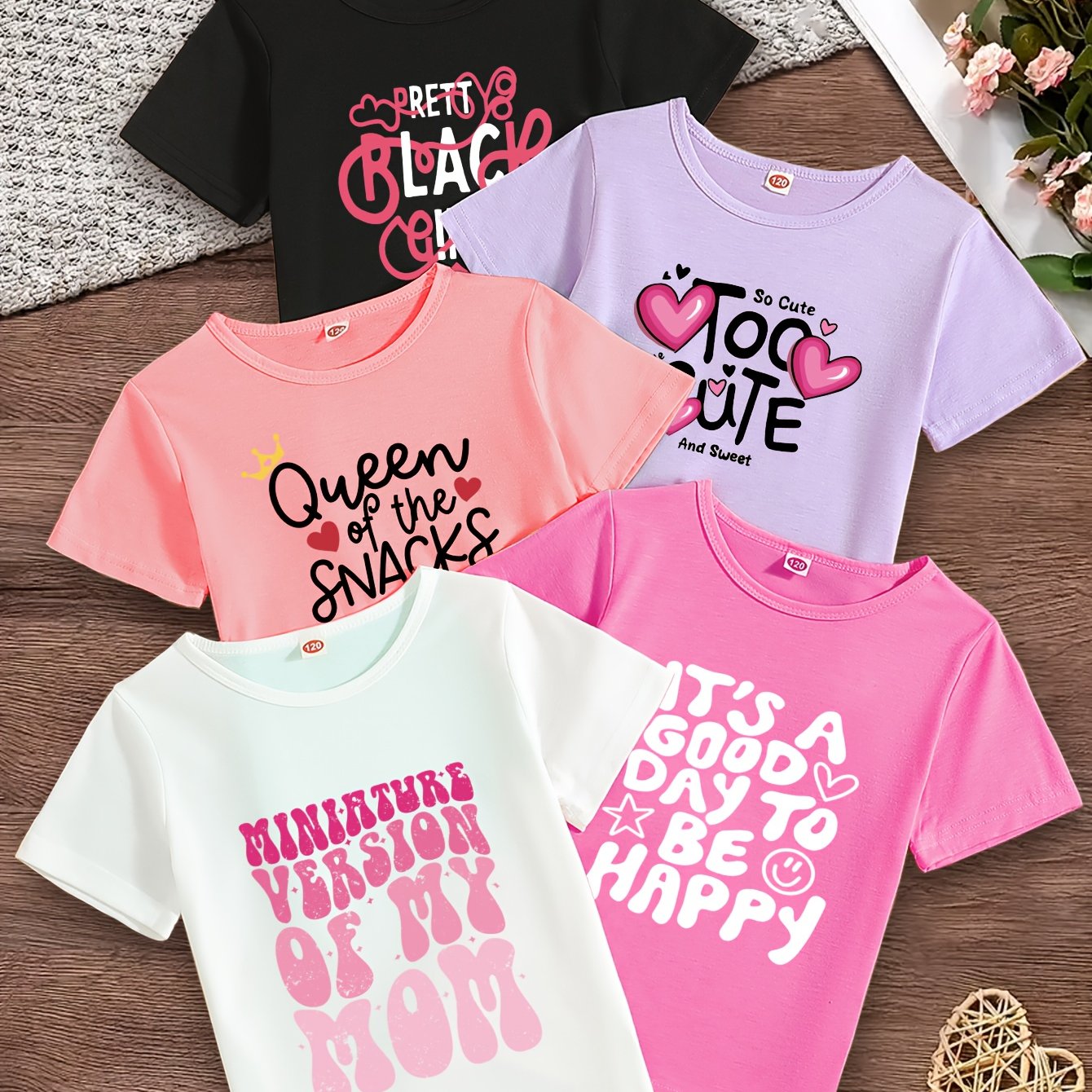 Image of Casual Fashion Trend Simple And Interesting Letter Printing, Girls Spring And Summer Comfortable Round Neck Medium Elastic Short-sleeved Top T-shirt 5pcs, Suitable For Daily And Outdoor