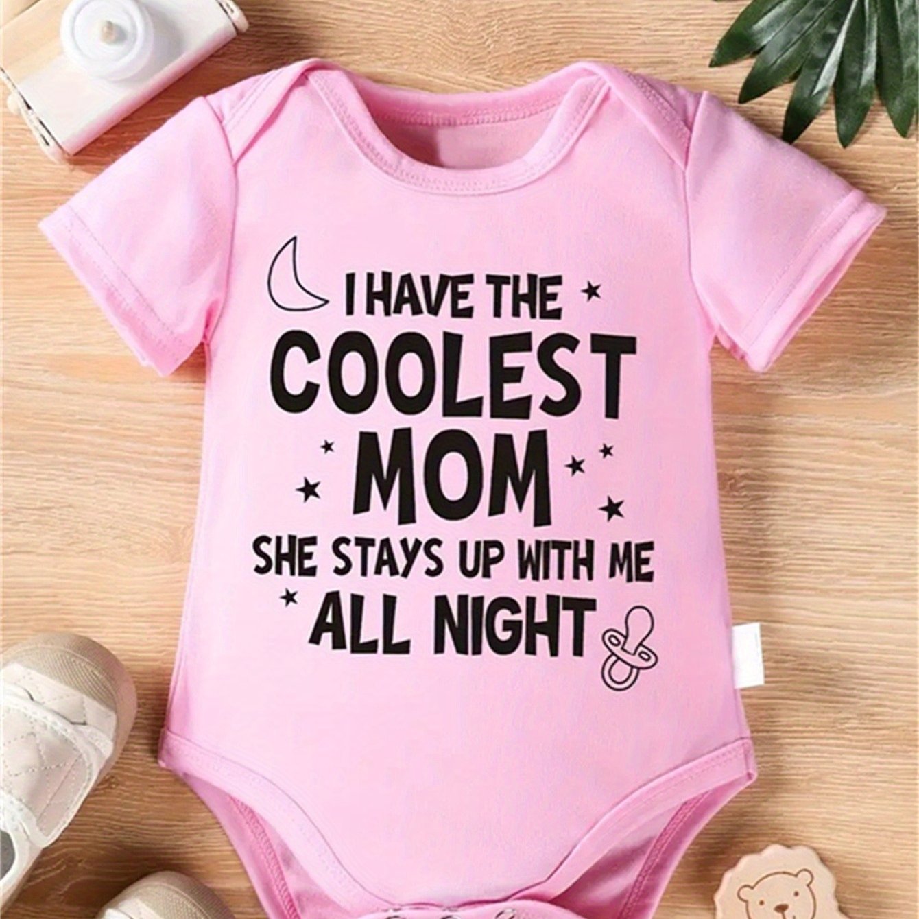 TEMU I Have The Coolest Mom And Moon Pattern Print, Newborn Baby Girl Casual And Comfortable Short-sleeved Crew Neck Onesie, Suitable For Spring And