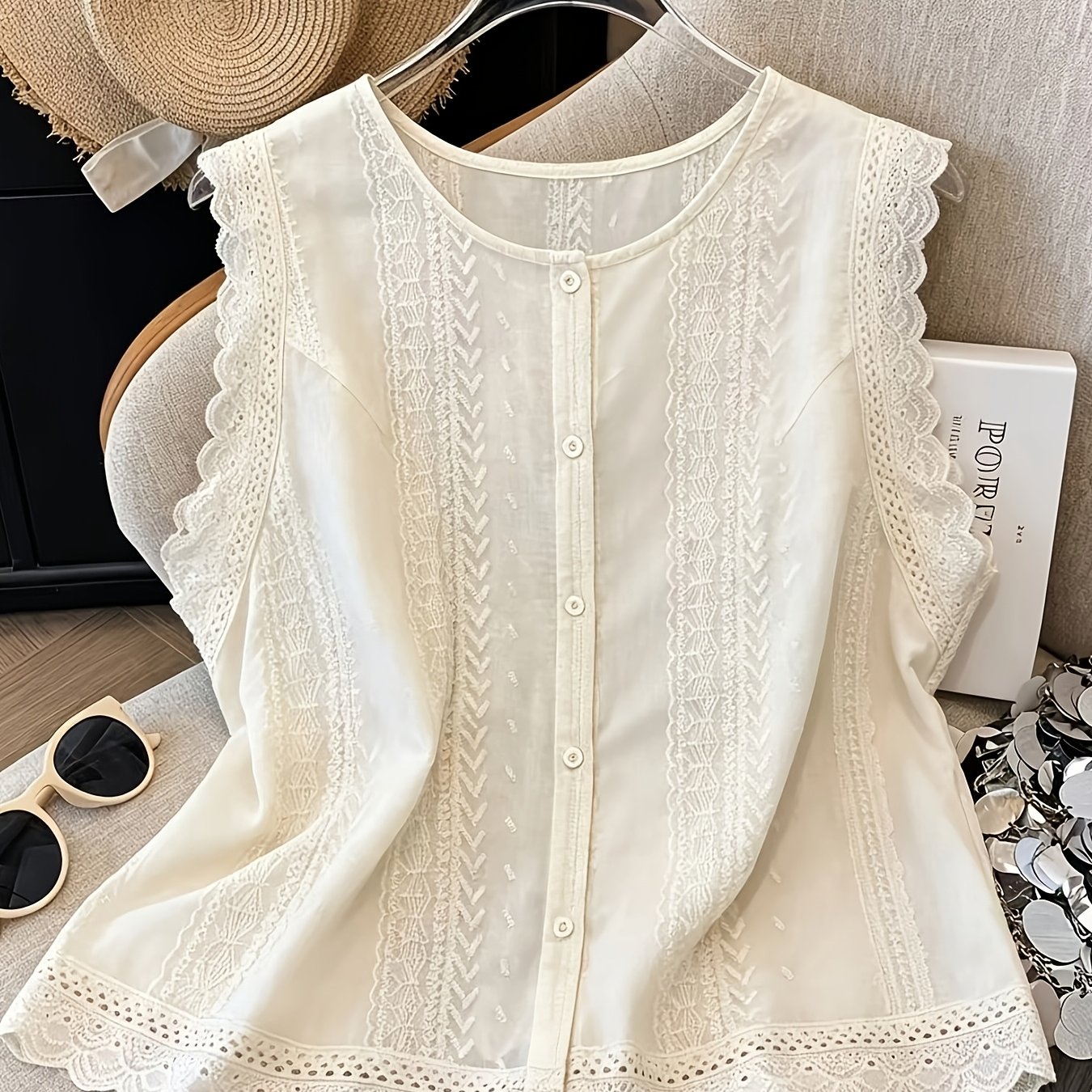 TEMU Plus Size - Cross-border Fashion Spring Summer New Embroidered Plus Size Lace Sleeveless Vest Top