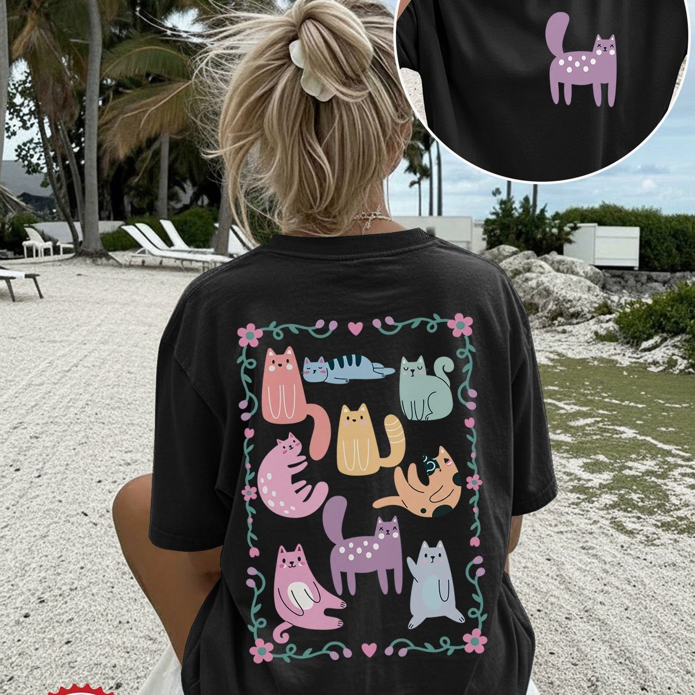 Image of Spring/summer New Arrival Women And Men's With Double-sided Print, Beach , Cute Cat, Flower, And Heart Prints, Round Neck, Short Sleeves, Loose Fit, Oversized Drop Shoulder Top