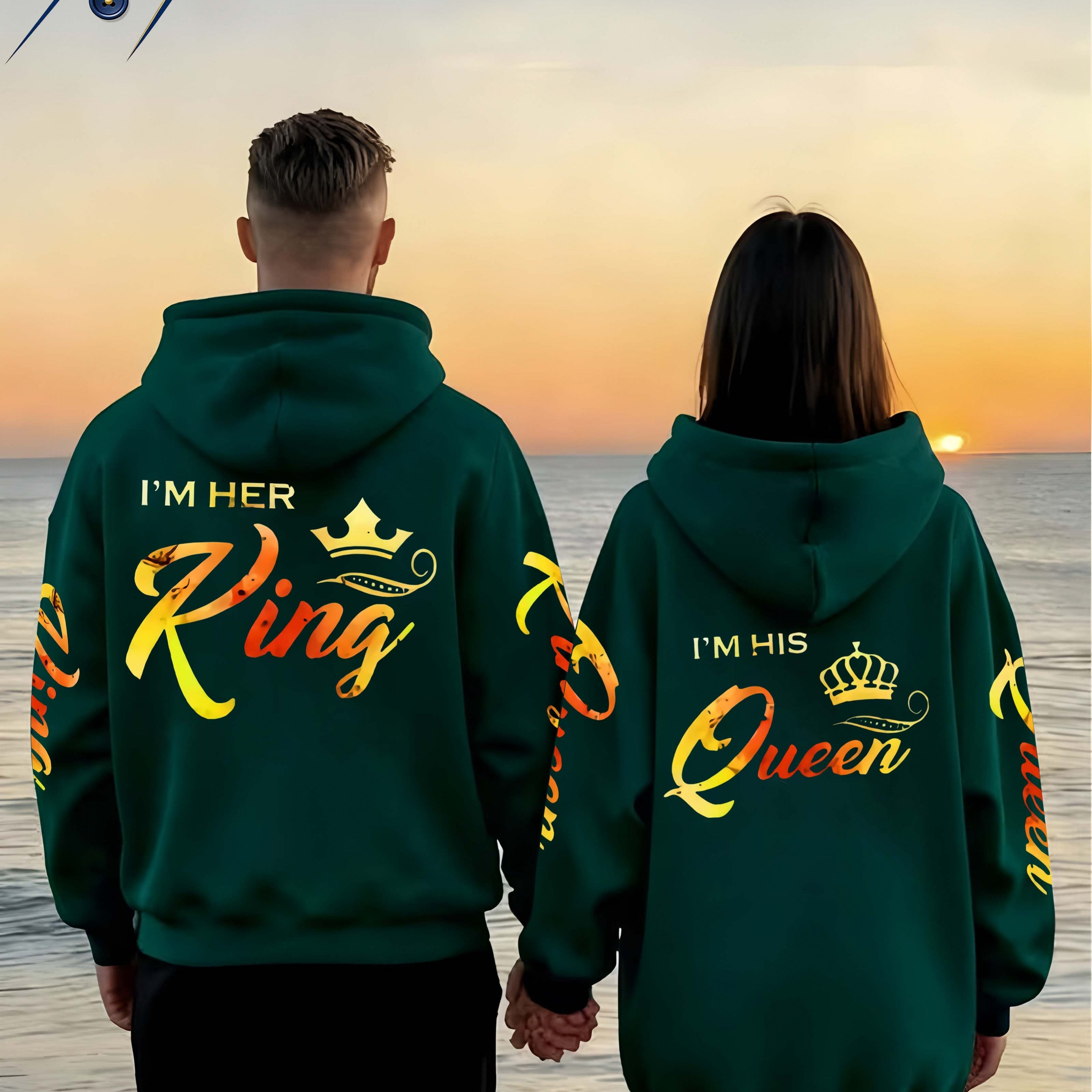 TEMU 2pcs Unisex Couple's Hooded Sweatshirt Set "king And Queen" Couple', Stylish Matching Pullover For Couples, Front , For Him/her On Valentine's