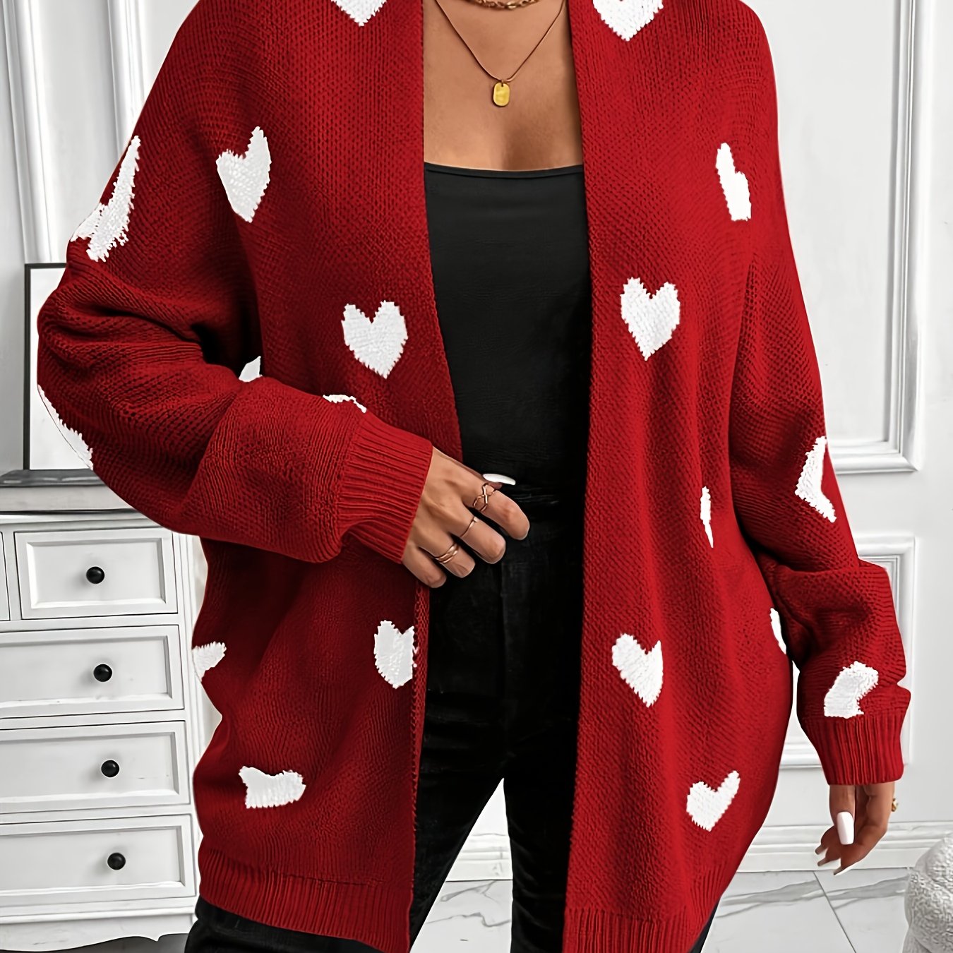 TEMU Plus Size, Plus-size Heart-pattern Loose Cardigan, Casual And Comfortable, Suitable For Thanksgiving, Winter Heart-pattern Sweater, Cute Cardigan For Women