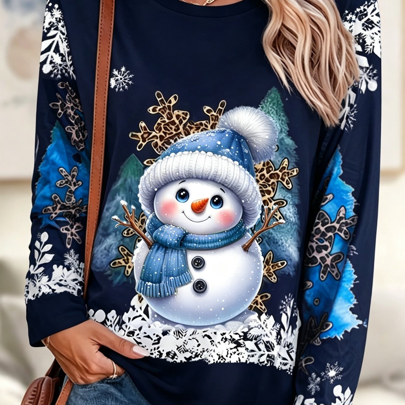 TEMU Women's Long Sleeve T-shirt, Navy Christmas Snowman Snowflake Print Long Sleeve Top, Women's Winter Festive Atmosphere Round Neck Blouse, Autumn
