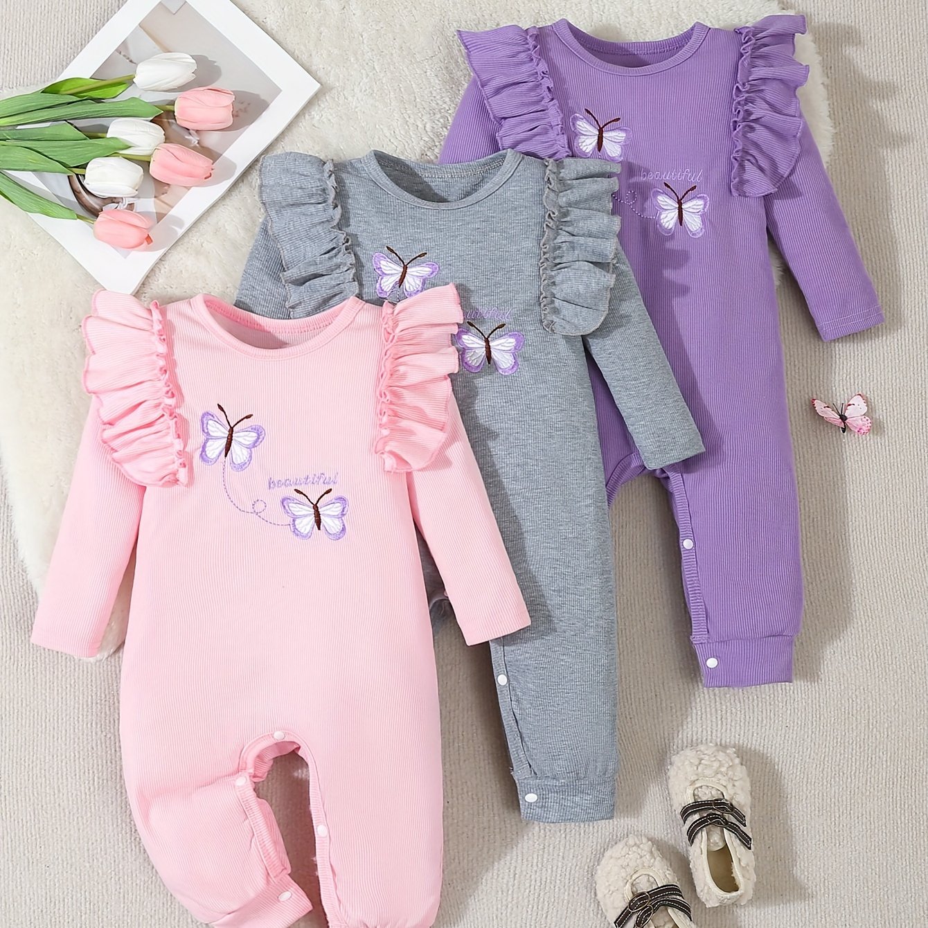 Image of 3pcs Baby Girl Romper Ribbed Ruffle Embroidered Round Neck Jumpsuit, For Outdoor