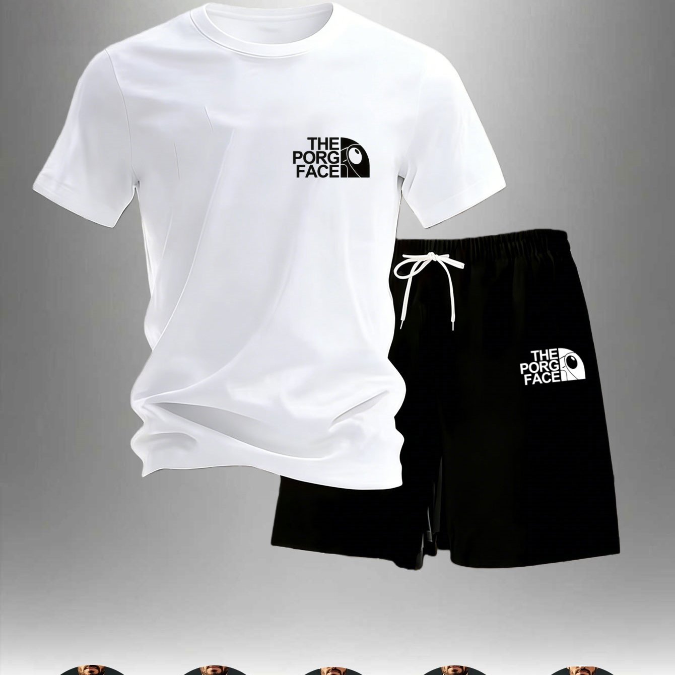 TEMU Men's Short-sleeve T-shirt With Round Neck Featuring 'the Face' Text On Chest, Layered With Design. Includes Matching Black Athletic Shorts With