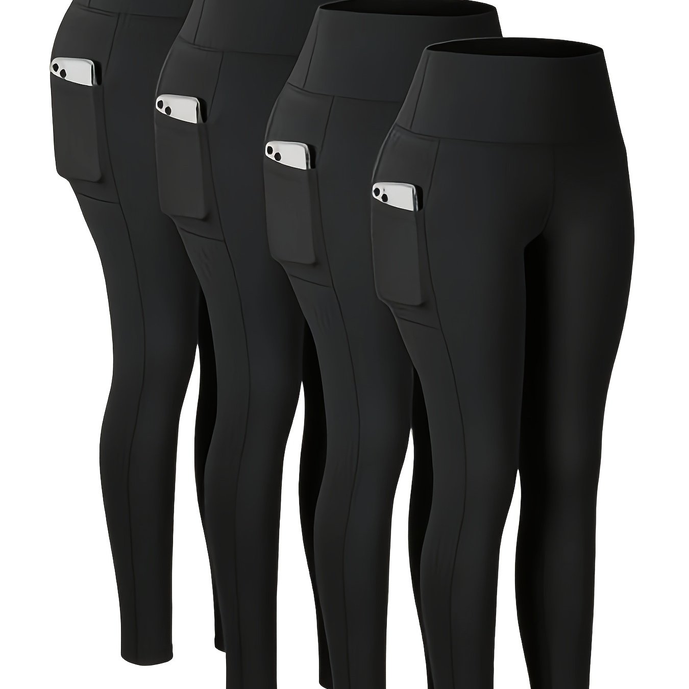 4-pack Women's High-waisted Yoga Pants With Side Pockets, Soft Stretchy Tummy Control Activewear, Running And Fitness Pants, Solid