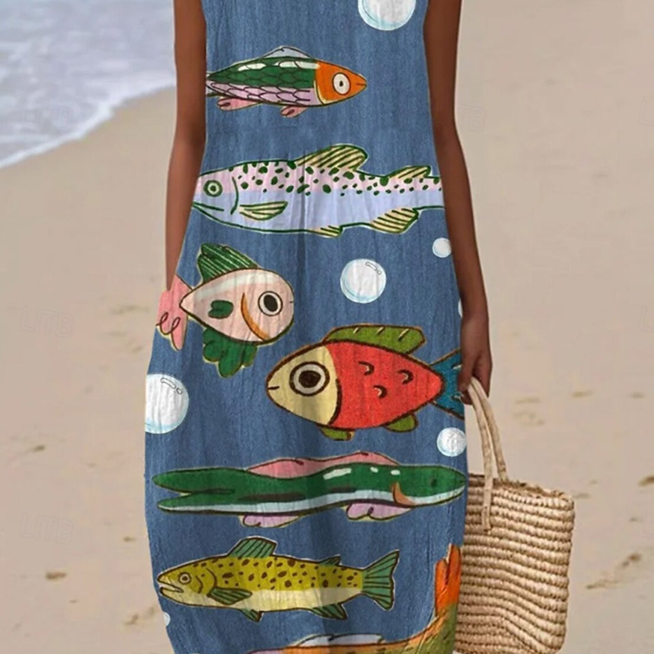 Image of Plus Size, Plus-size Women's Round Neck Sleeveless Loose-fitting Dress, Background With Colorful Cartoon Fish Print, Mid-length A-line Skirt, Casual Beach Dress, And Versatile, Casual Wear.