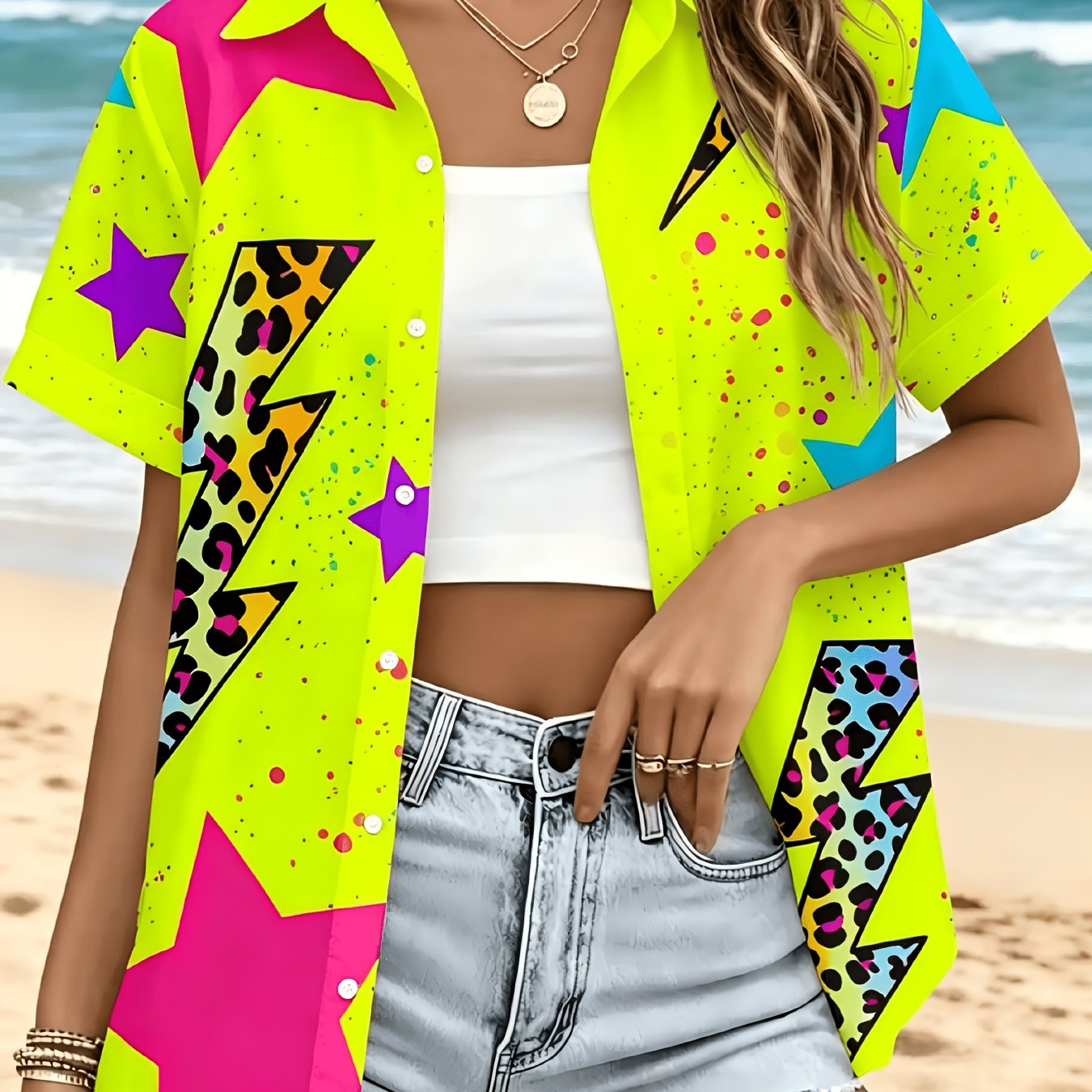 TEMU [Diseño Estampado - No Texturizado] Nueva Camiseta de Manga Corta para Mujer, Estampado de Estrella de Puntas, Casual, para Diario, Fresca y
