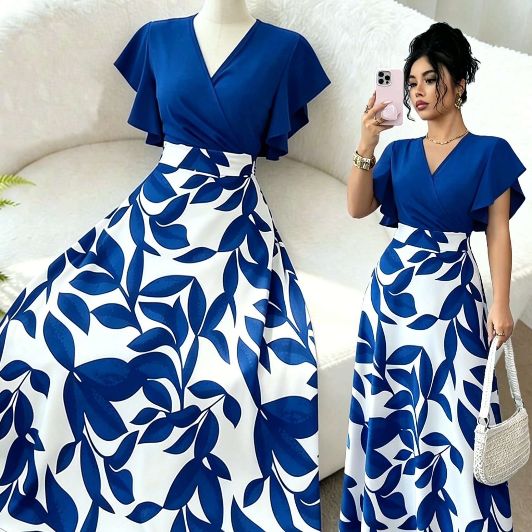 TEMU 2026 Summer New Vintage Dress, Solid Color With Flutter Sleeve Top And Printed Hem , Suitable For Daily Wear, Women's Dress