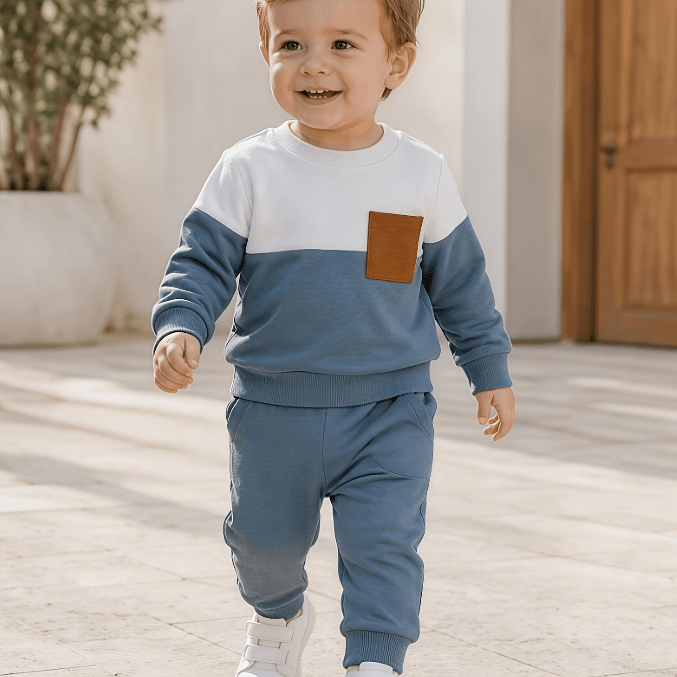 Image of 2pcs 0-2 Years Old Baby Boy Winter Clothes Contrast Color Long-sleeved Sweatshirt Sweatshirt Pants Newborn Set, For Outdoor