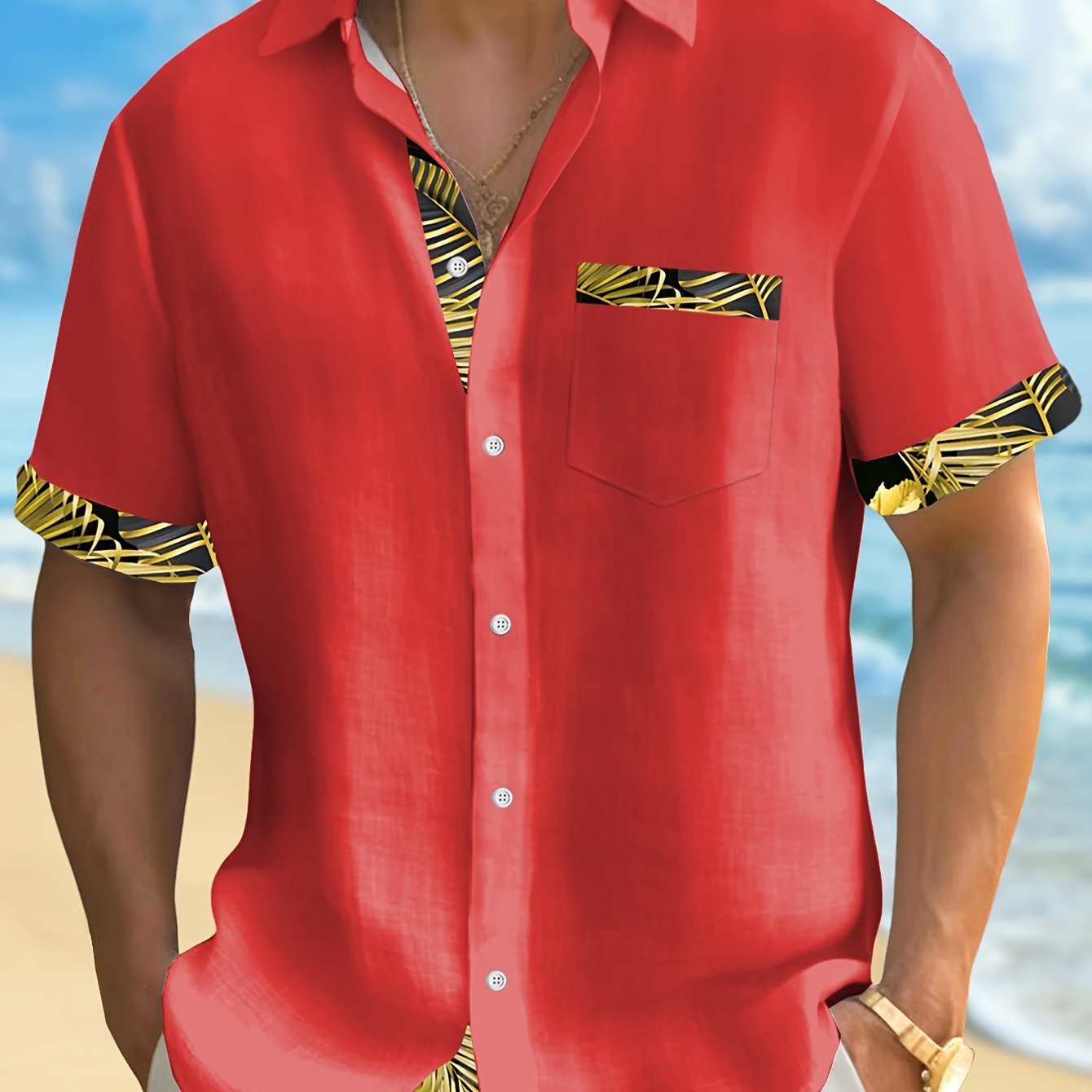 Hawaii Golden Floral Men's Plus Size Button Pocket Short-sleeved Shirt