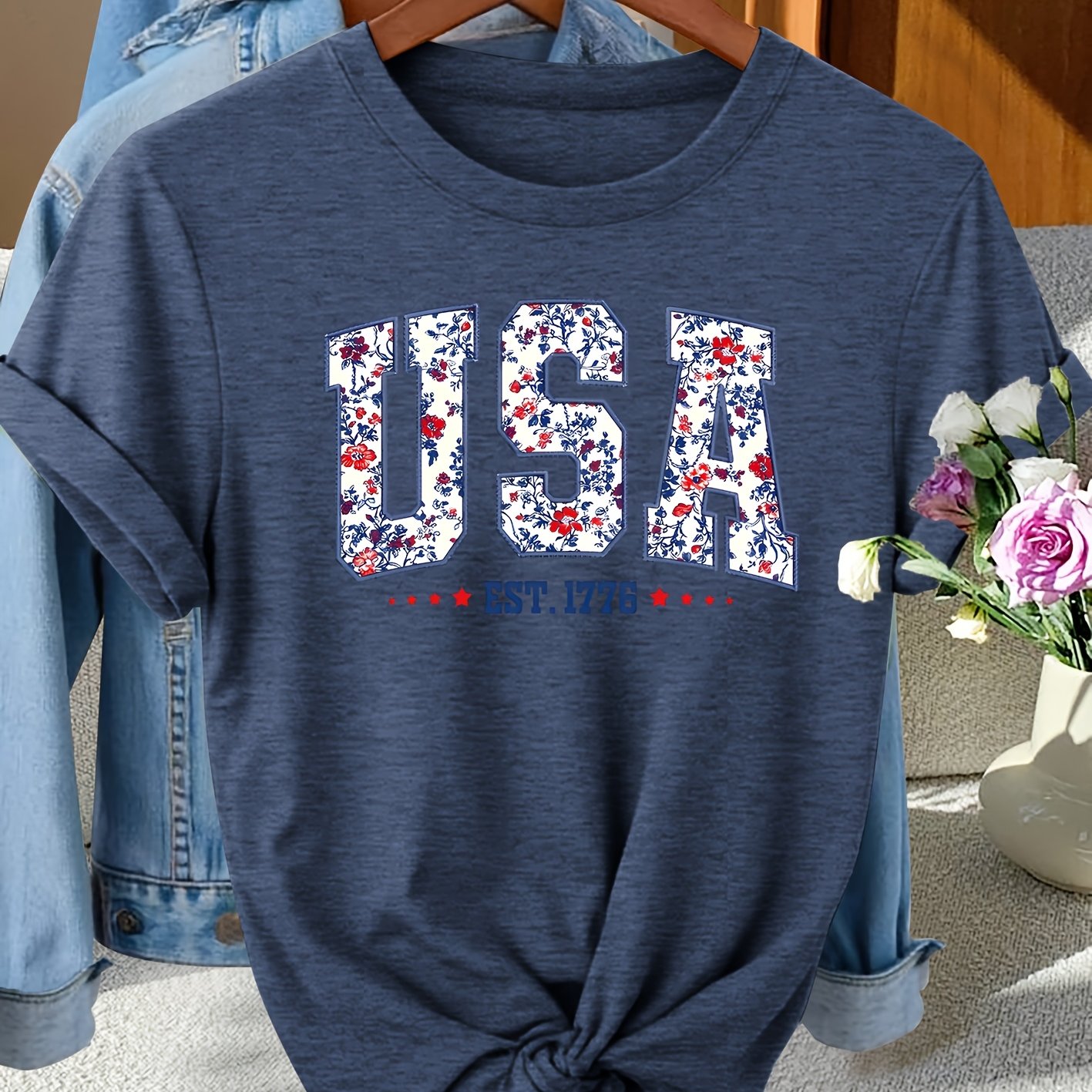 TEMU Elegant Women's Gift Printed Usa Floral Letter Pattern Round Neck Short Sleeve T-shirt, Fashionable Casual Commuting Vacation Daily Versatile