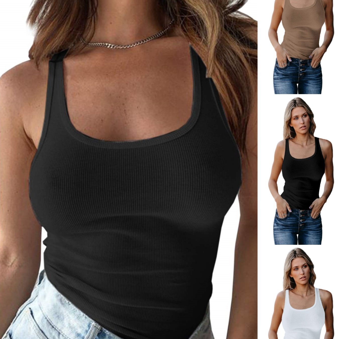 Image of Women's Summer Daily Scoop Neck Tank Top | Ribbed Sleeveless Cami, Lightweight, Solid Color, Chic Style