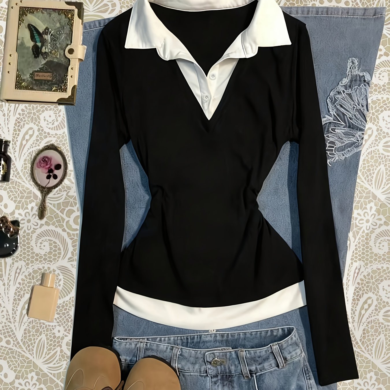 E-shop Damen Color-Block Patchwork Fake Zwei-Teiler Shirt Kragen Slim-Fit Langarm Top für Frühling und Sommer, einfach und bequem, geeignet für den