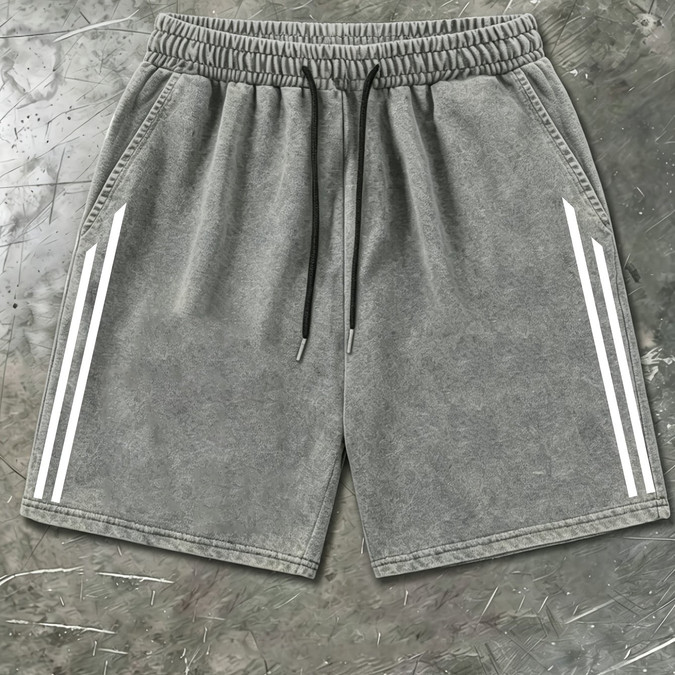 TEMU Washed Distressed Side Double Vertical Stripe Print 5-minute Shorts, American Sporty Style Drawstring Loose Casual Knit Shorts - Men's Shorts -