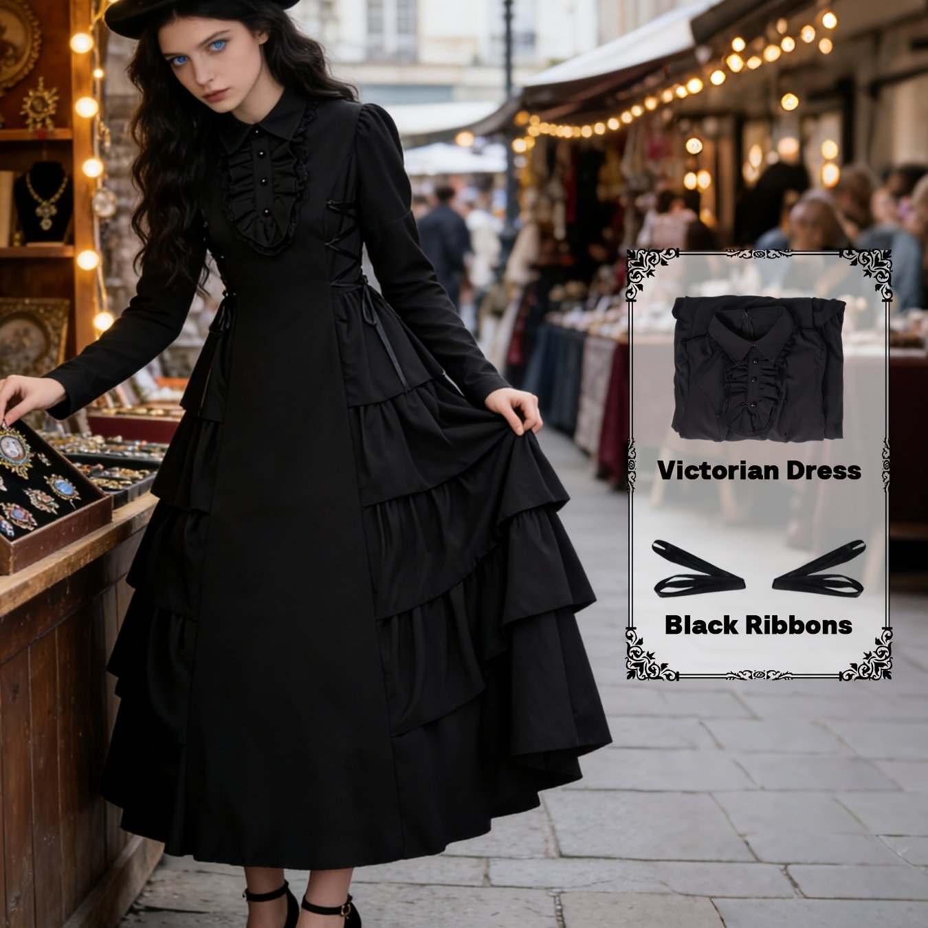 E-shop Mittelalterlicher Viktorianischer Damenanzug - Schwarzes Vintage-Kostüm, geeignet für Halloween, Renaissance-Märkte, Bühnenauftritte und