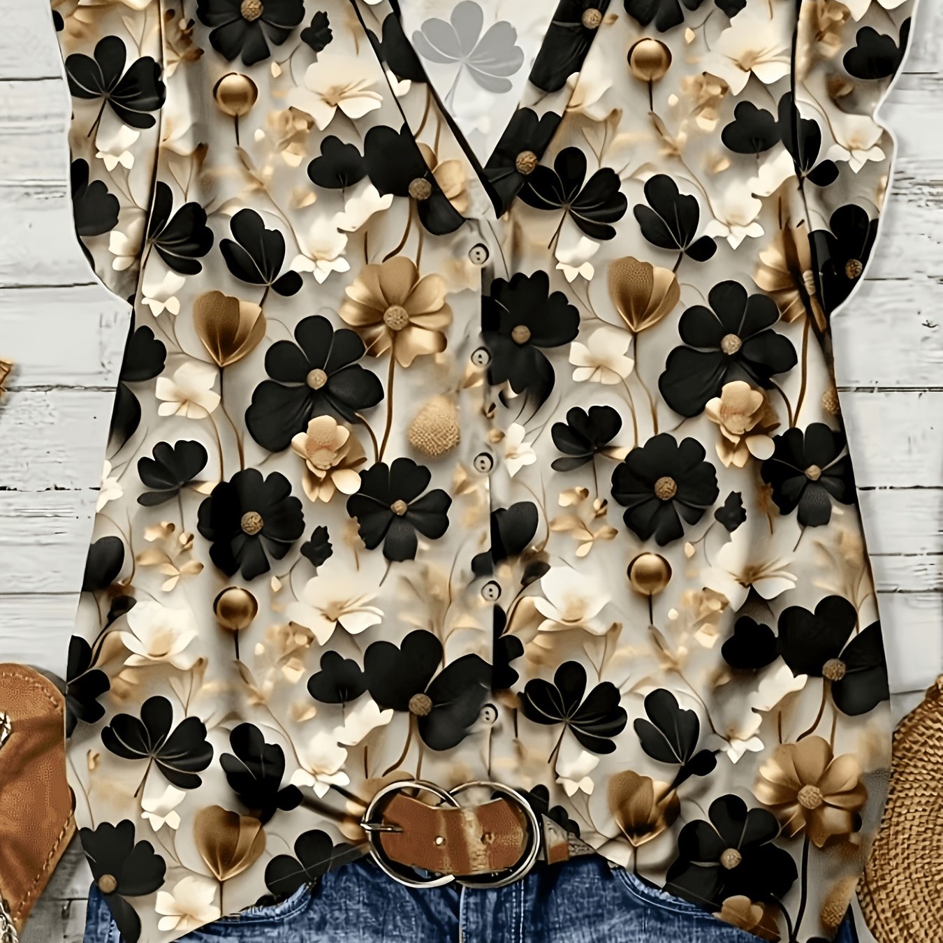 TEMU Elegant Special Edition Women's Spring And Summer New Printed V-neck Pullover For Casual Everyday Wear