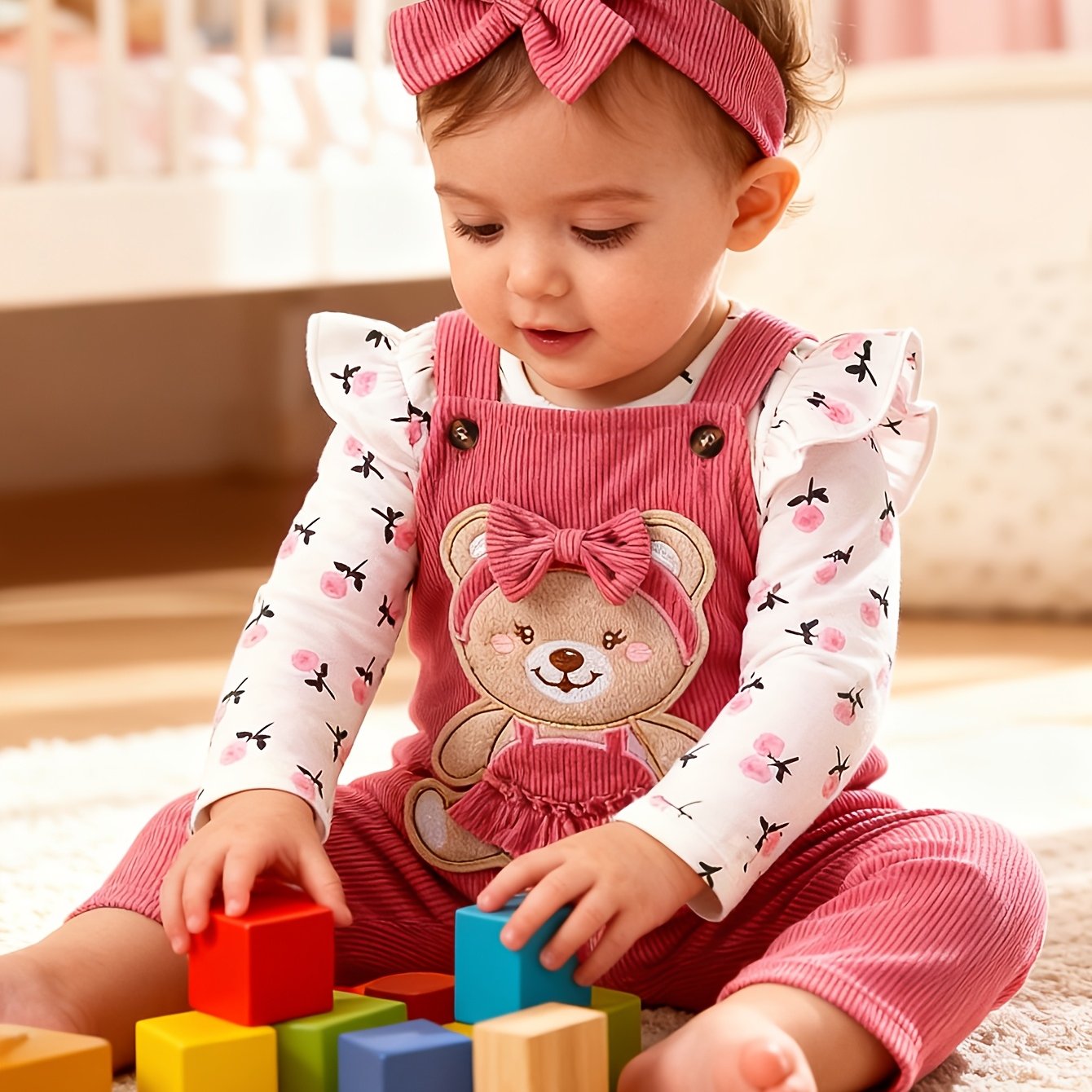 TEMU 2pcs Of Floral Long Sleeved Jumpsuit&3d Teddy Bear Figurine Corduroy Shoulder Strap Long Pants Crawling Suit&headband Autumn And Winter Baby Girl Cute Clothing, Perfect For Outdoor