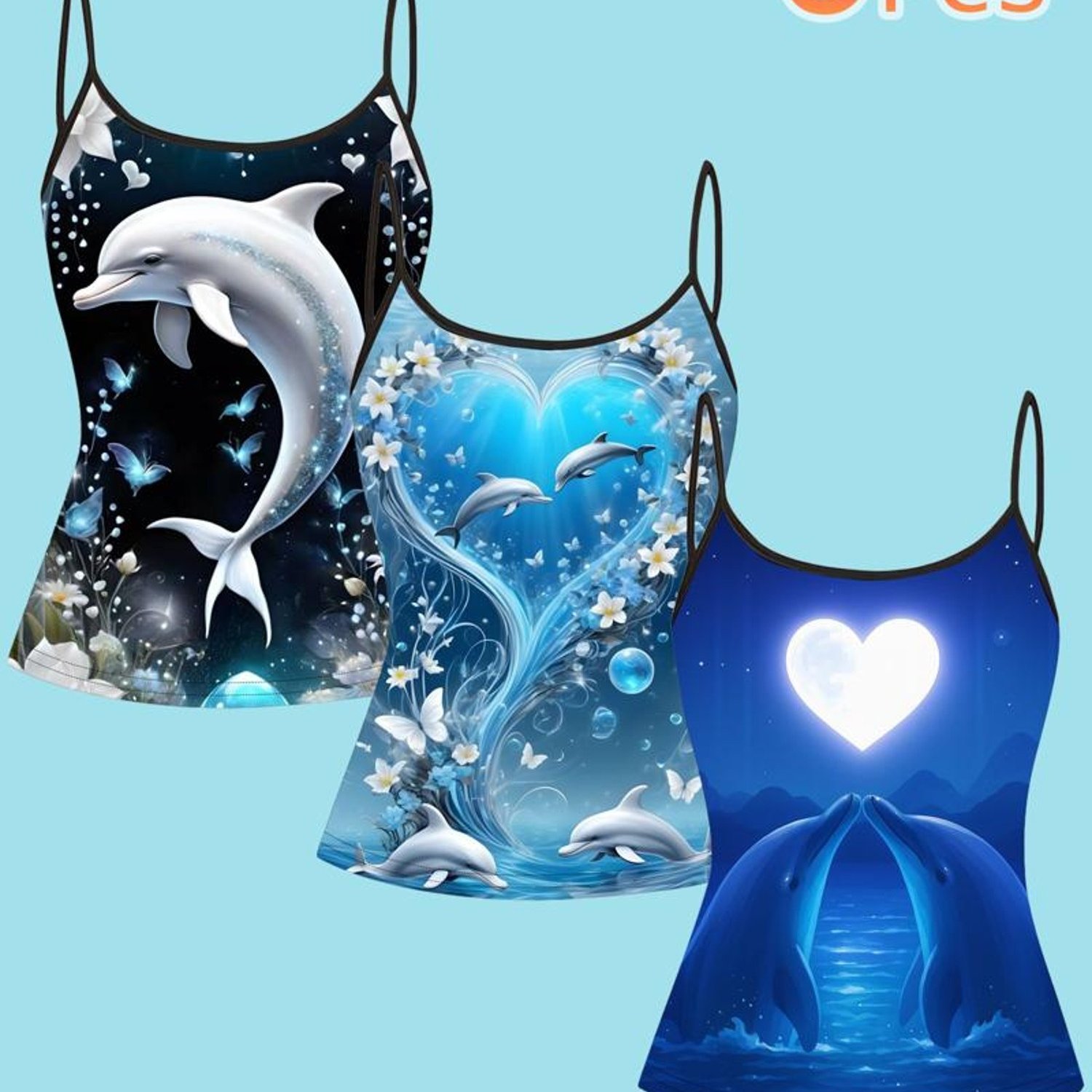 TEMU [3pcs] Sea Tanks - Women's Adjustable Strap Camisoles, Luminous Whale And Night Sleeveless Shirts