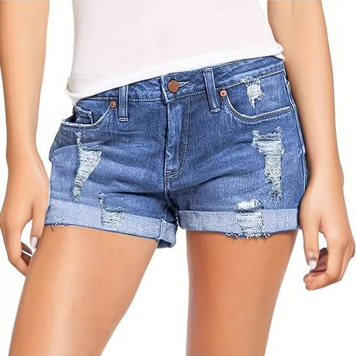 womens high waisted rolled hem distressed jeans ripped denim shorts