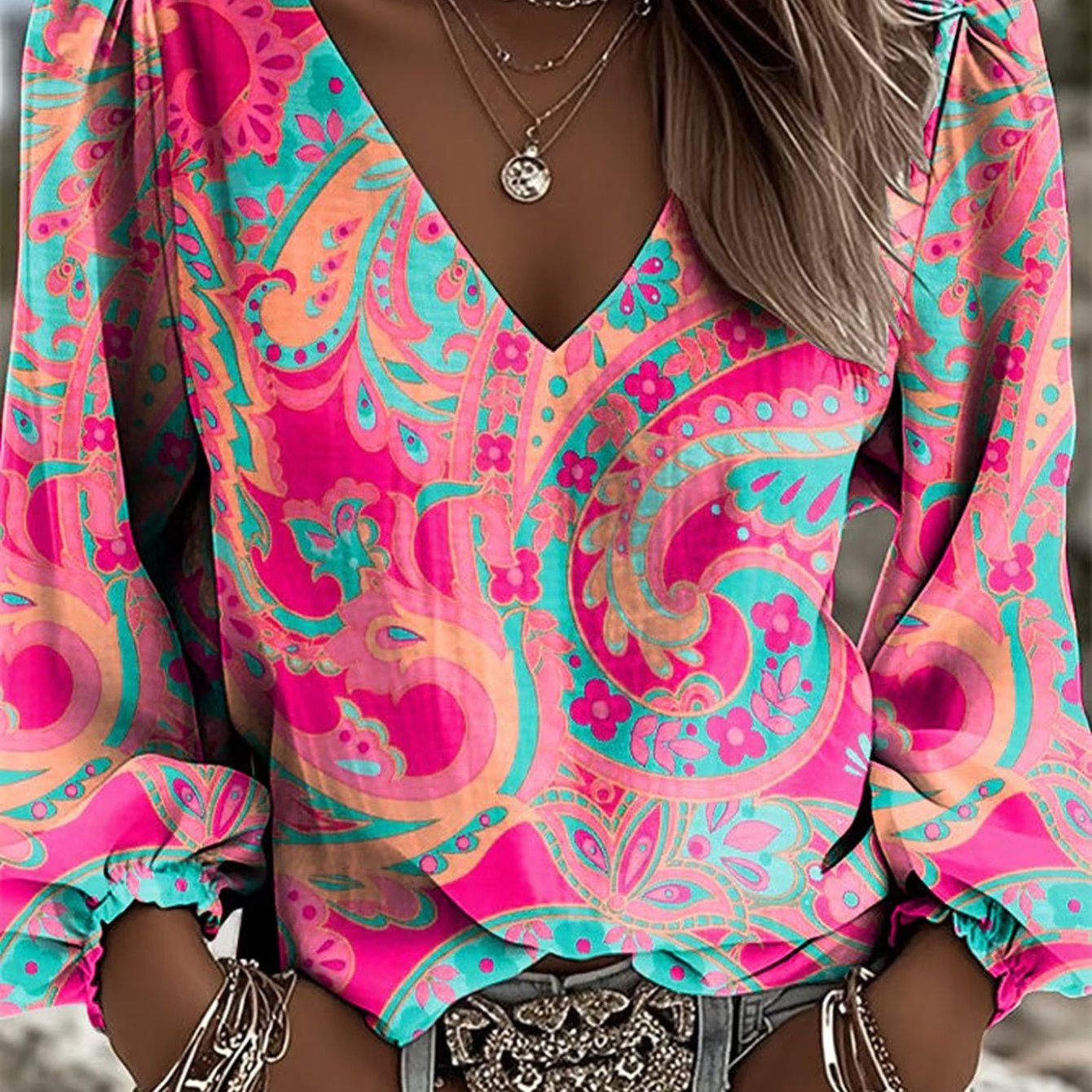 E-shop 2D Flachdruck Western-Stil Hemd, V-Ausschnitt Damen Blumenprint Langarm-Oberteil, Bohemian-Stil Laternenärmel Design, Vielseitig für den