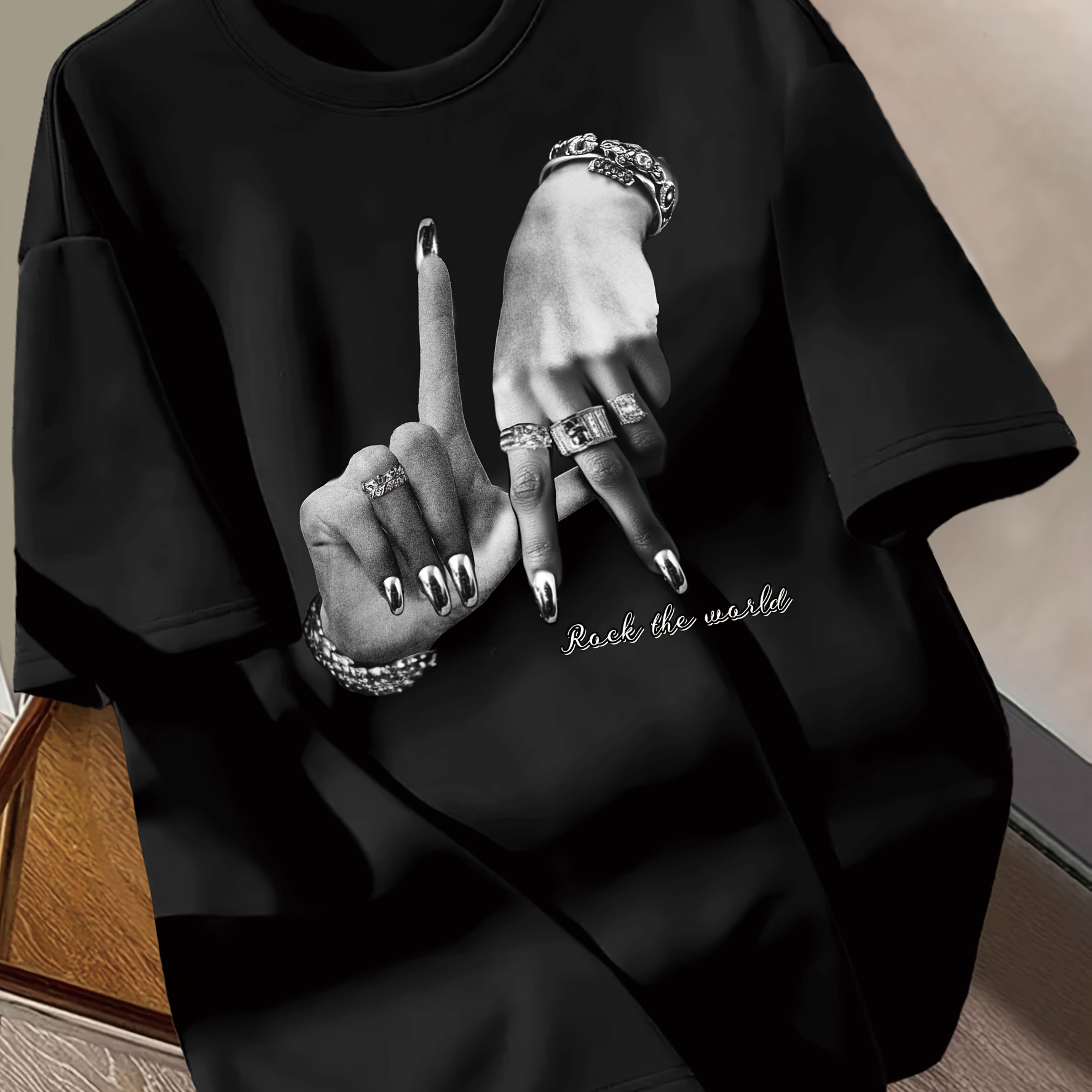 TEMU The Qd0516430y2k Women's Casual Short-sleeve T-shirt With Finger Pattern Print Is Suitable For Spring, Summer, And Autumn Wear