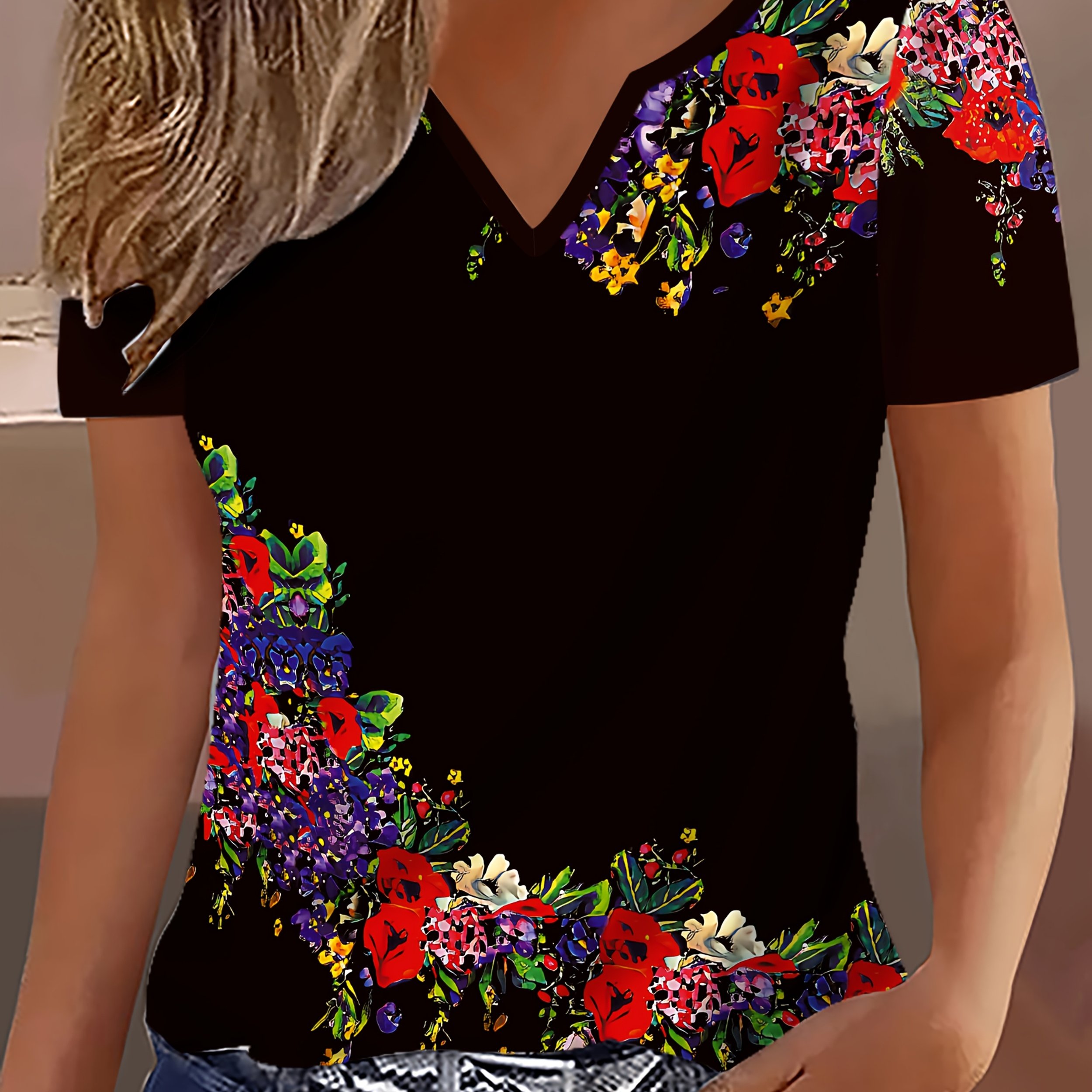 Image of Elegant Women's V-neck Short-sleeve Printed T-shirt, Stylish And Trendy Floral Print Top