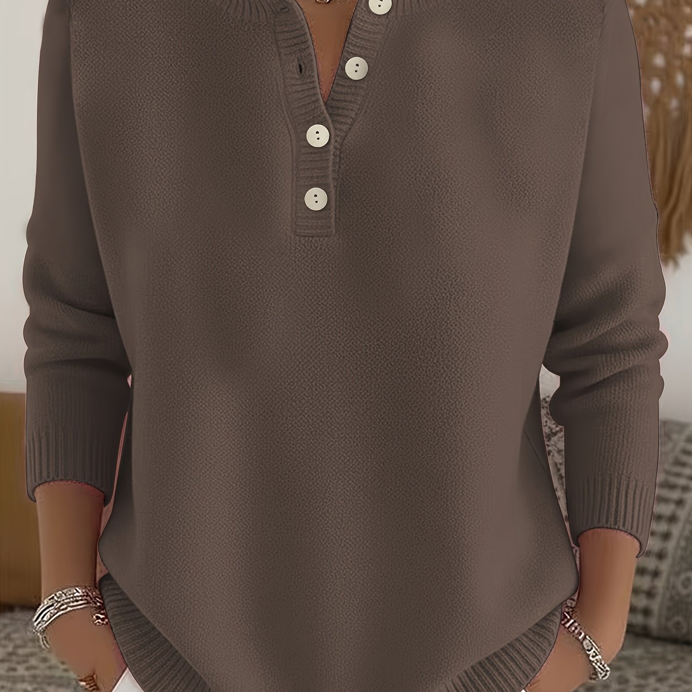 TEMU Women' Color Half-open Neck Sweater, Crew Neck Long Sleeve Pullover