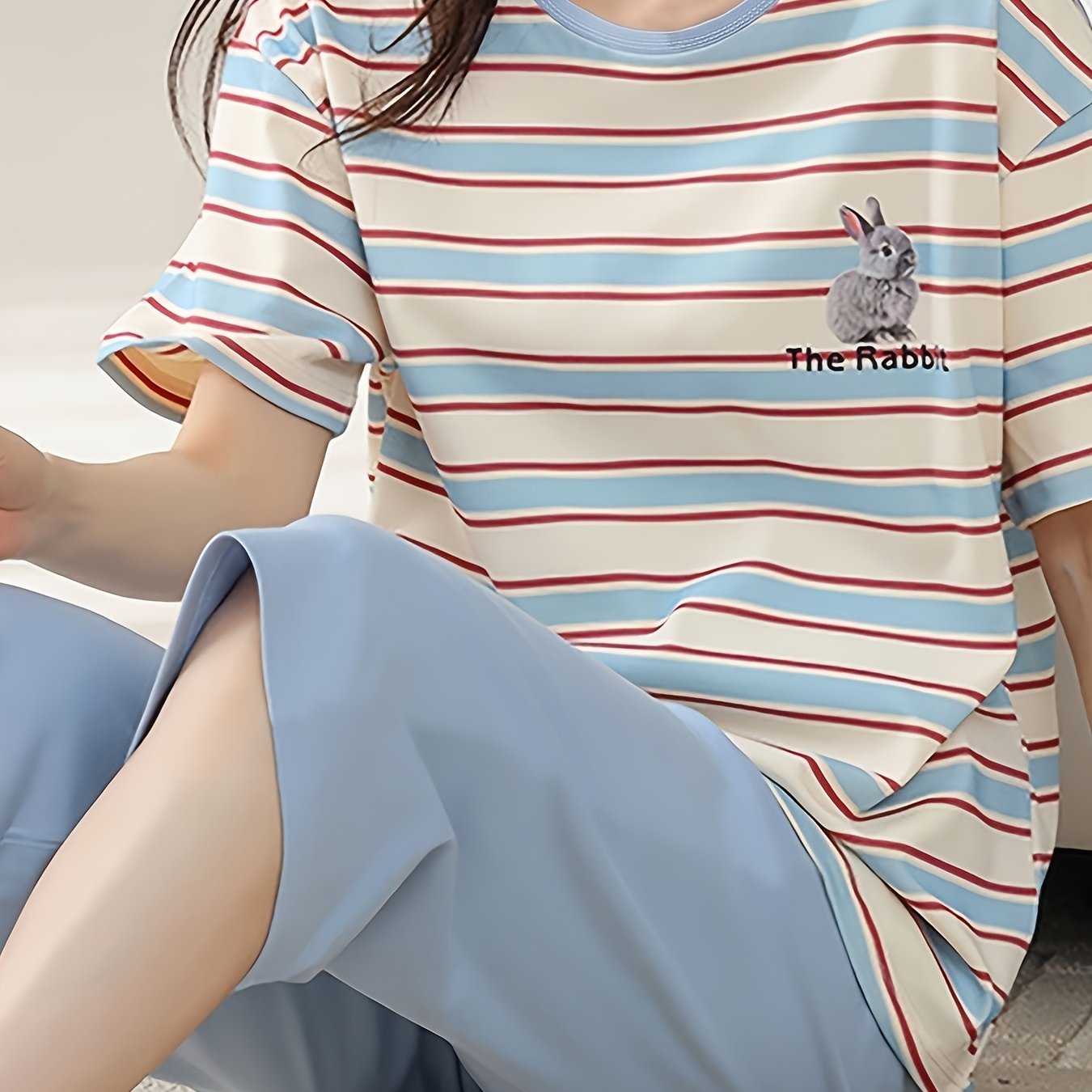 TEMU 여성용 블루 화이트 대비, 만화 토끼 패턴 홈 앤 아웃도어 라운지웨어 파자마 세트
