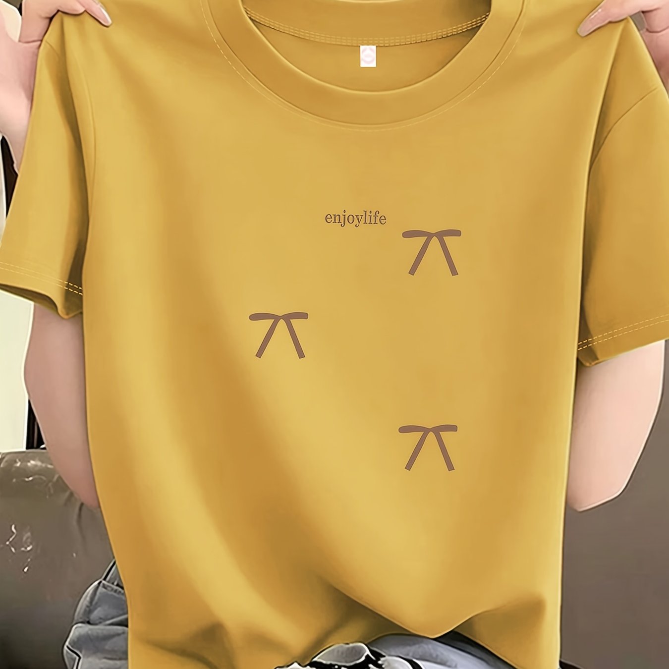 TEMU 스프링 여름 간편 라운드넥 패션 루즈핏 올매치 캐주얼 반팔 티셔츠 여성용 탑 프린트 티