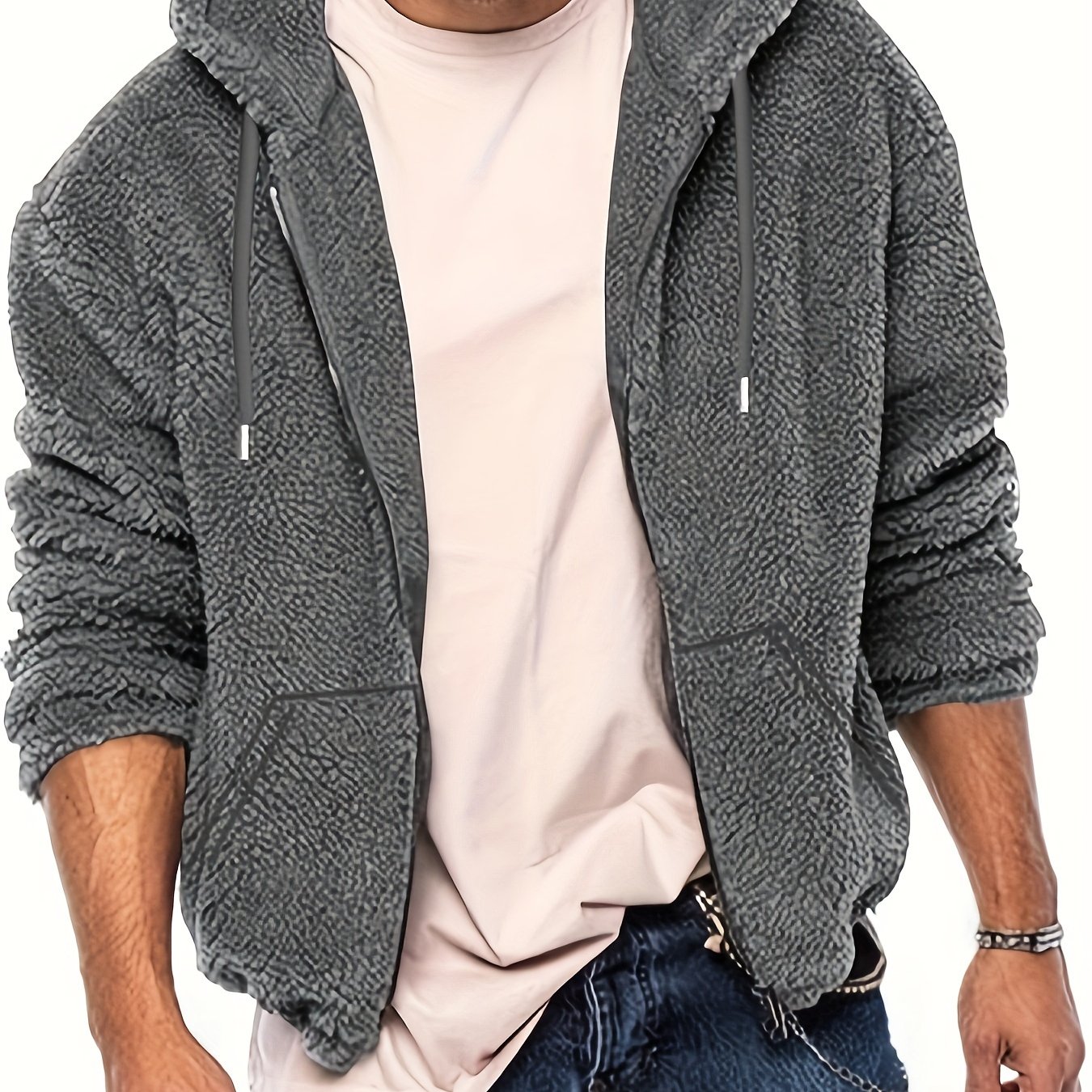 2024 Autumn/winter Men's Plush Hooded Cardigan Jacket, Casual Outdoor Warm Sportswear