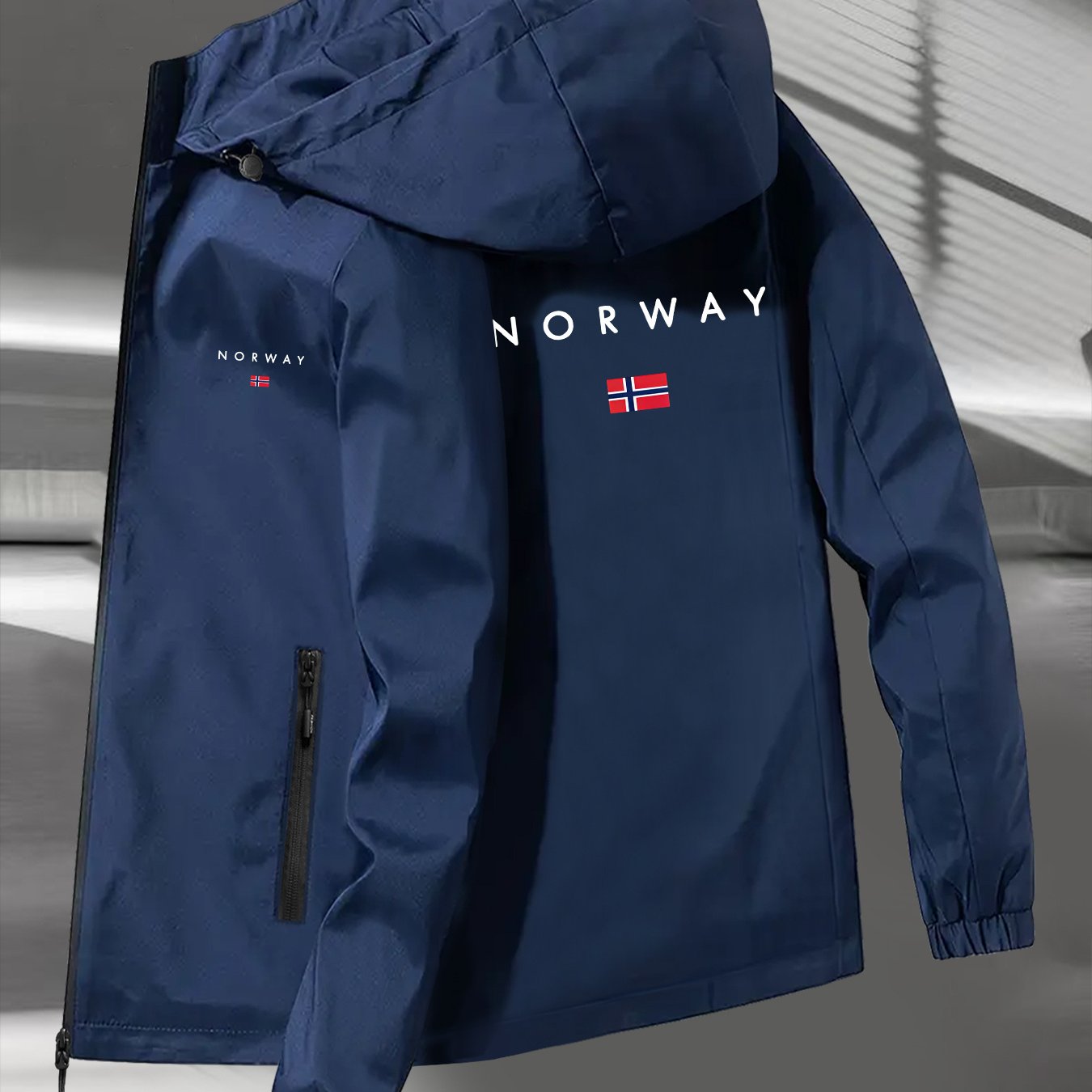 TEMU Men's Stylish Sports Zip-up Long Sleeve Windbreaker Featuring A , With An Adjustable Drawstring Hood And Elastic Cuffs, A Casual And Fashionable